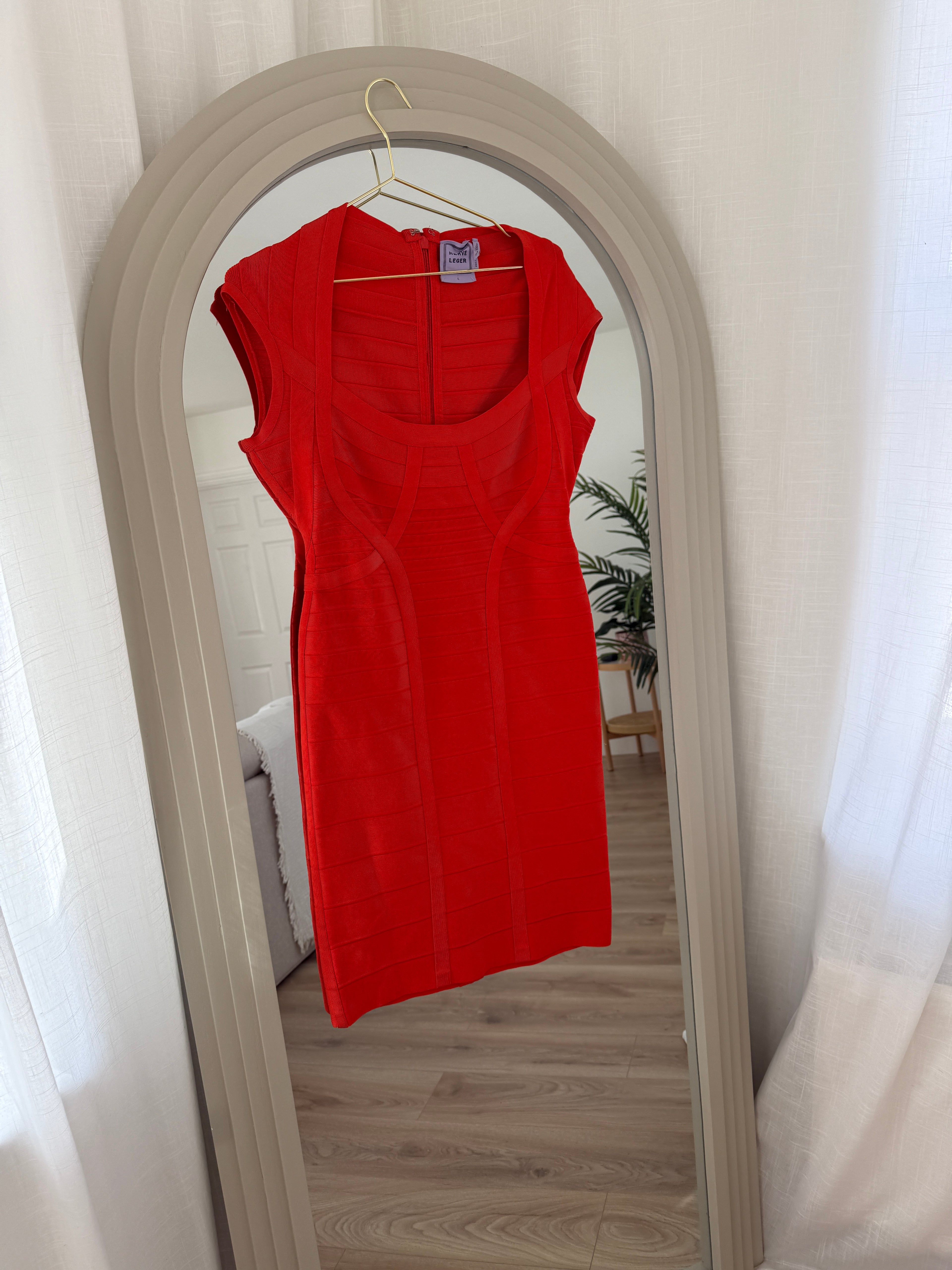 Hervé Léger Orange Bandage Bodycon Dress | Sculpted Midi – Size L / UK 12