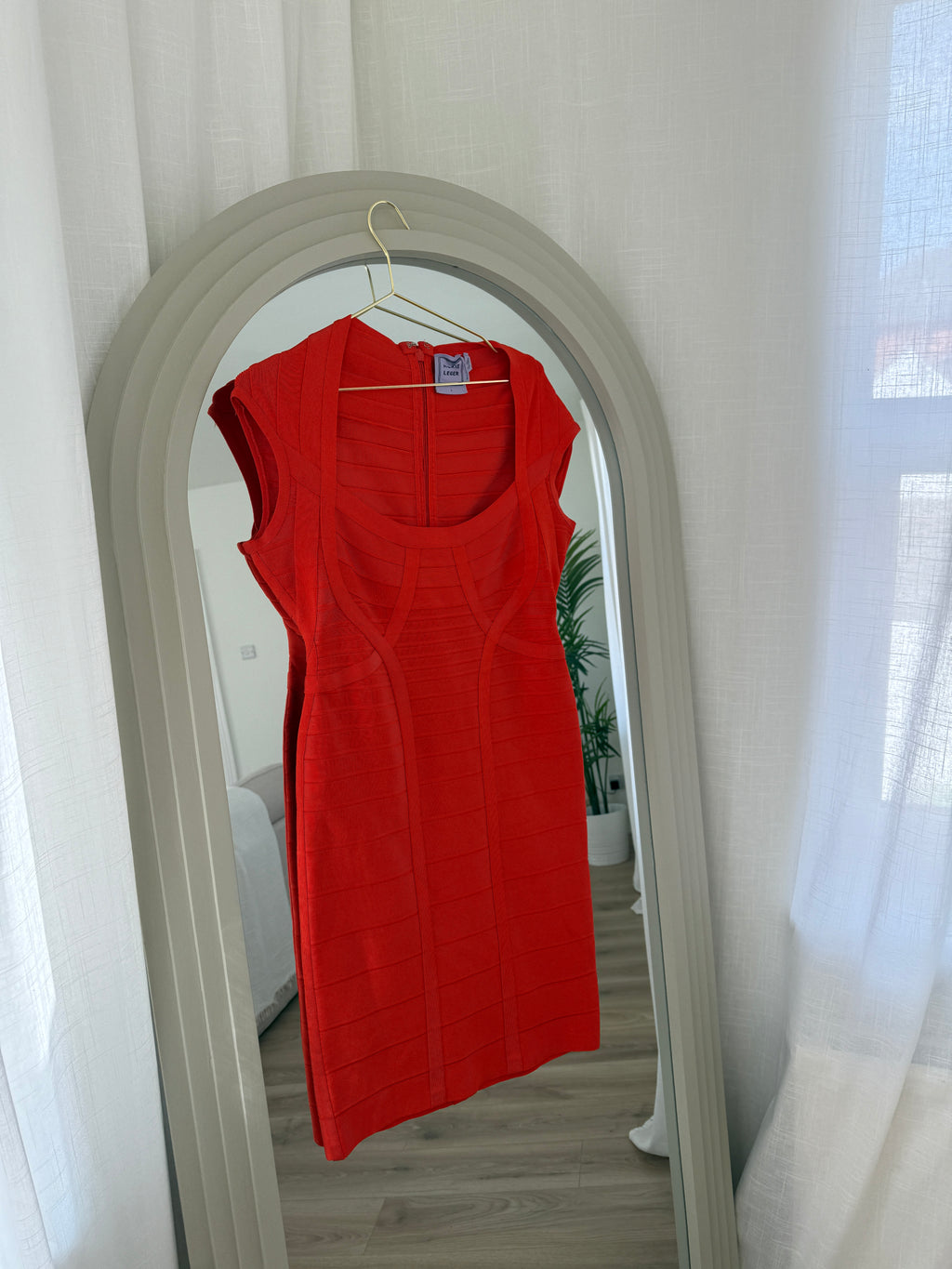 Hervé Léger Orange Bandage Bodycon Dress | Sculpted Midi – Size L / UK 12