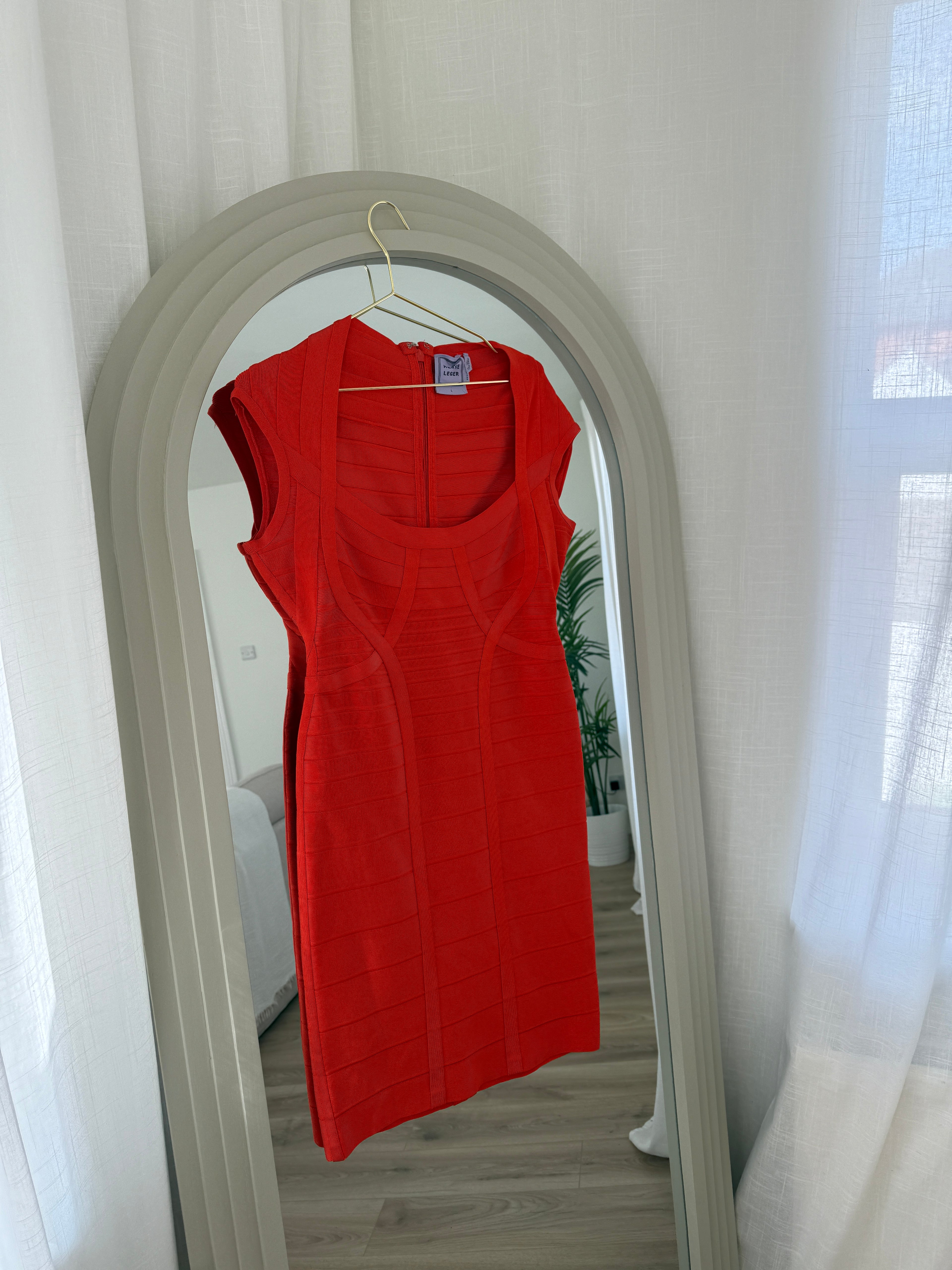 Hervé Léger Orange Bandage Bodycon Dress | Sculpted Midi – Size L / UK 12