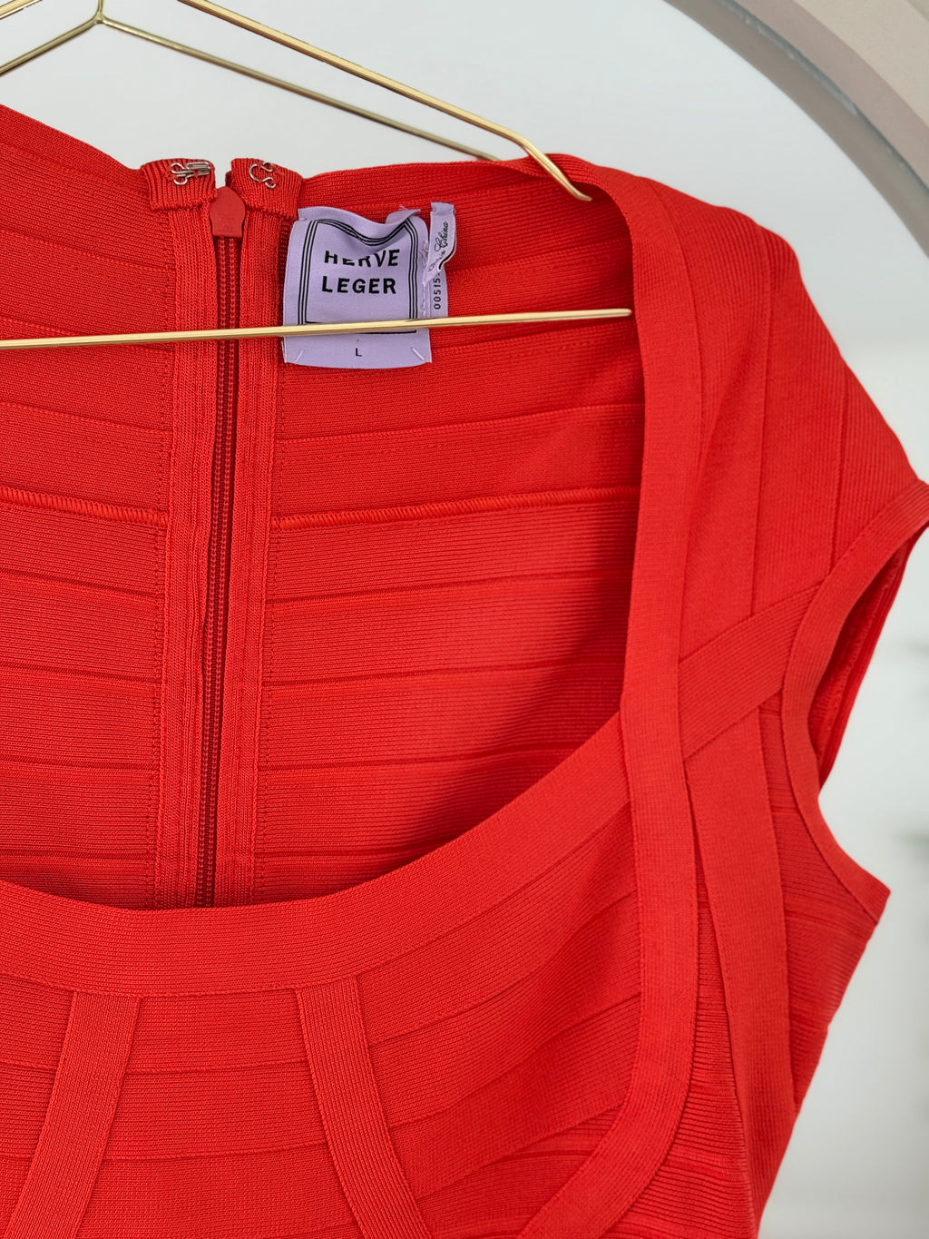 Hervé Léger Orange Bandage Bodycon Dress | Sculpted Midi – Size L / UK 12