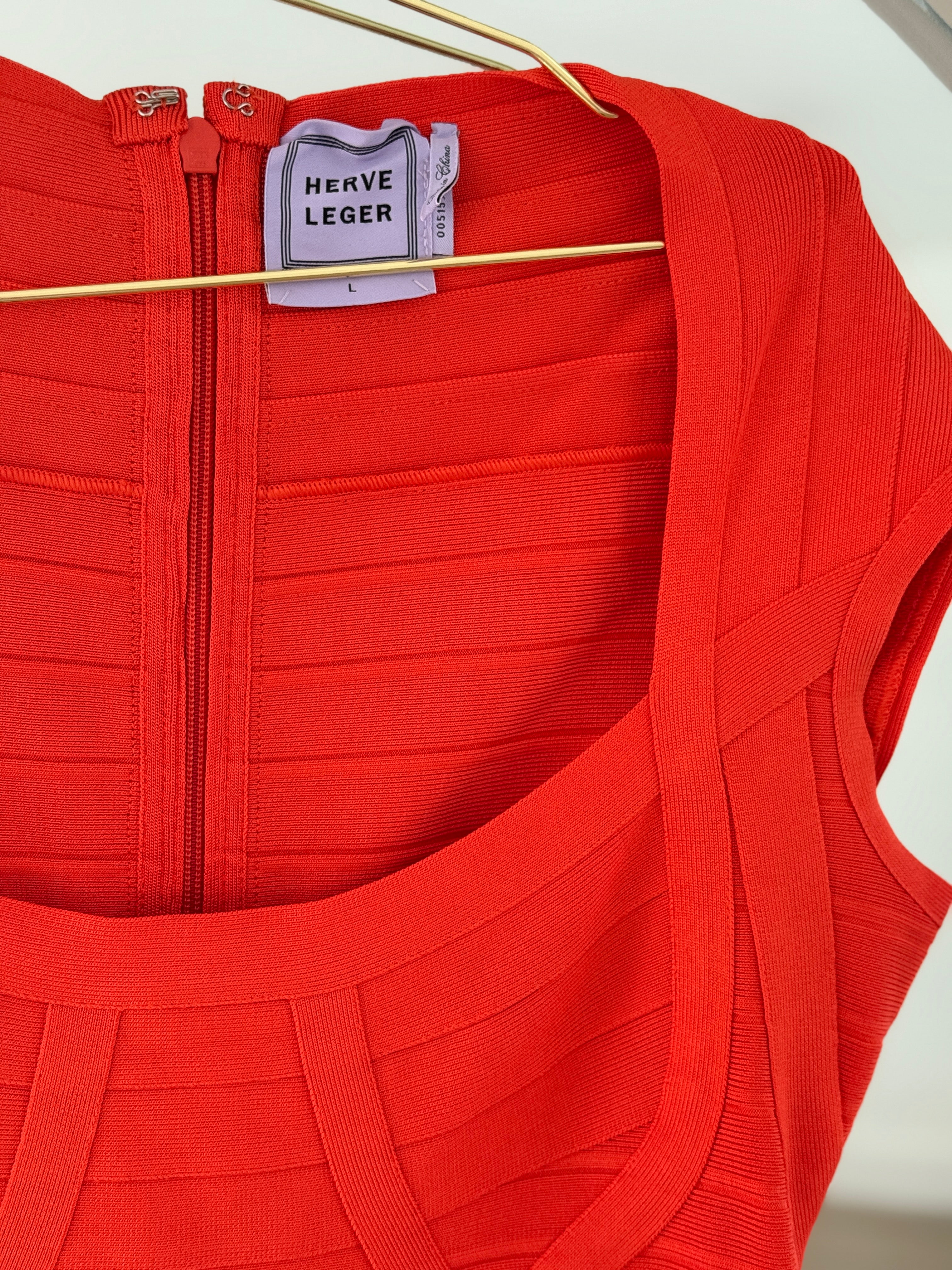 Hervé Léger Orange Bandage Bodycon Dress | Sculpted Midi – Size L / UK 12