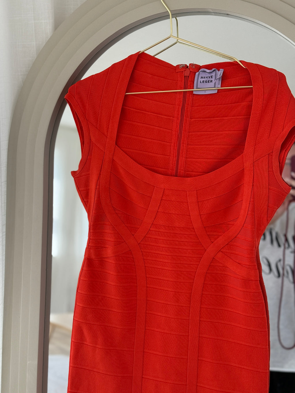Hervé Léger Orange Bandage Bodycon Dress | Sculpted Midi – Size L / UK 12