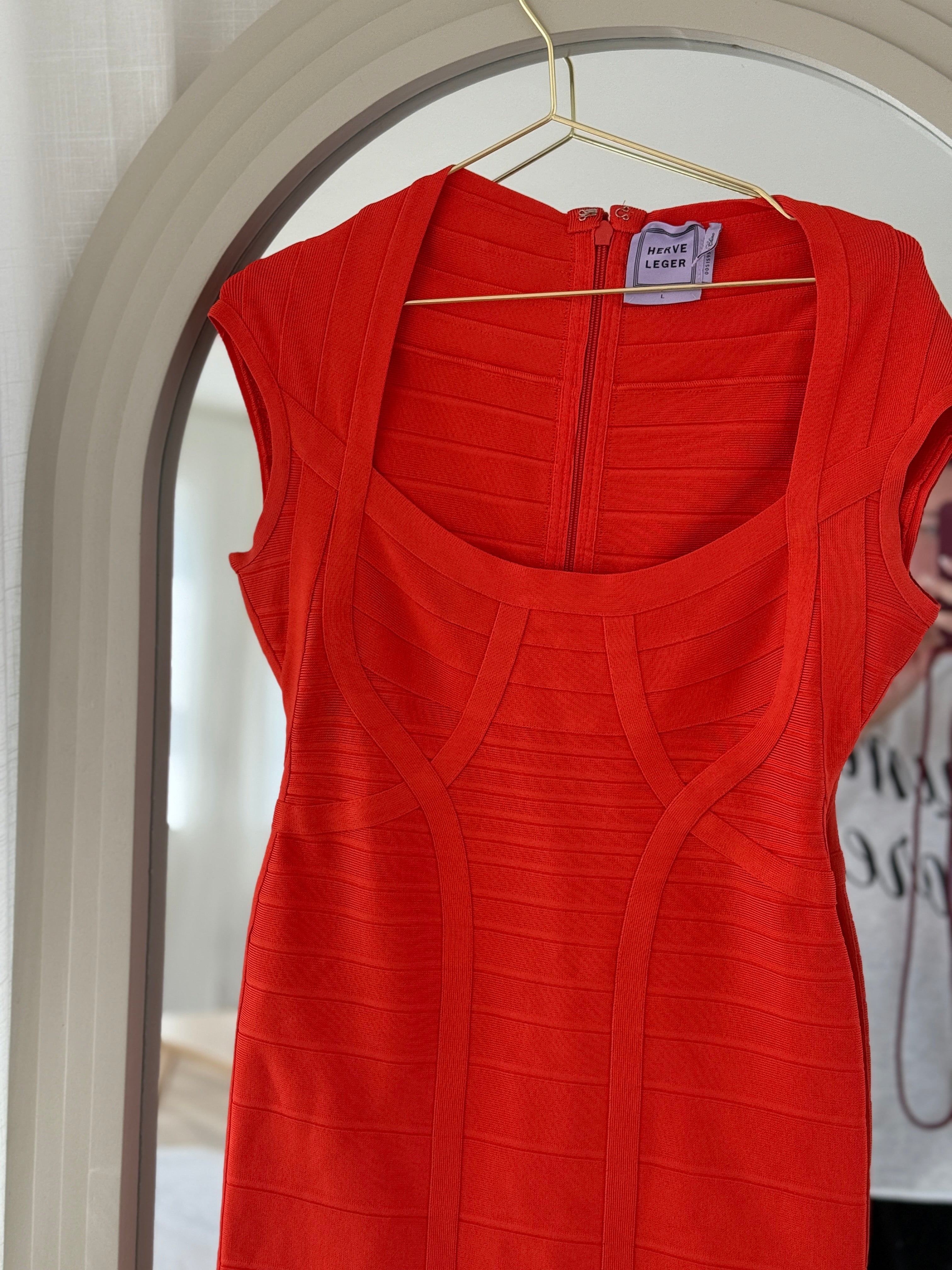 Hervé Léger Orange Bandage Bodycon Dress | Sculpted Midi – Size L / UK 12