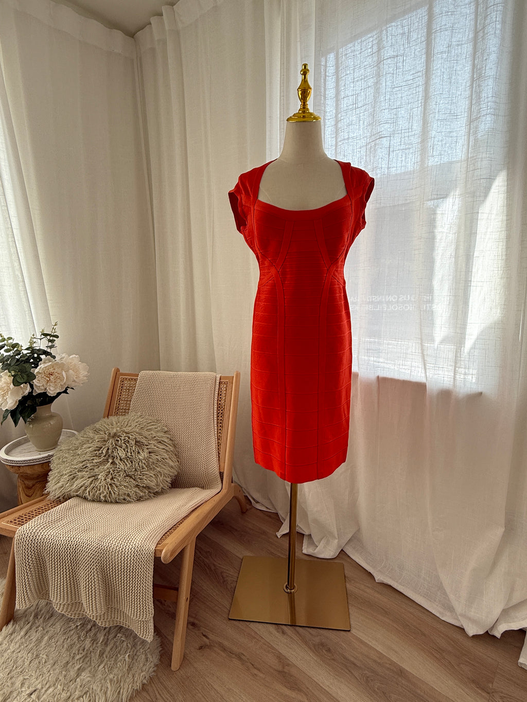Hervé Léger Orange Bandage Bodycon Dress | Sculpted Midi – Size L / UK 12