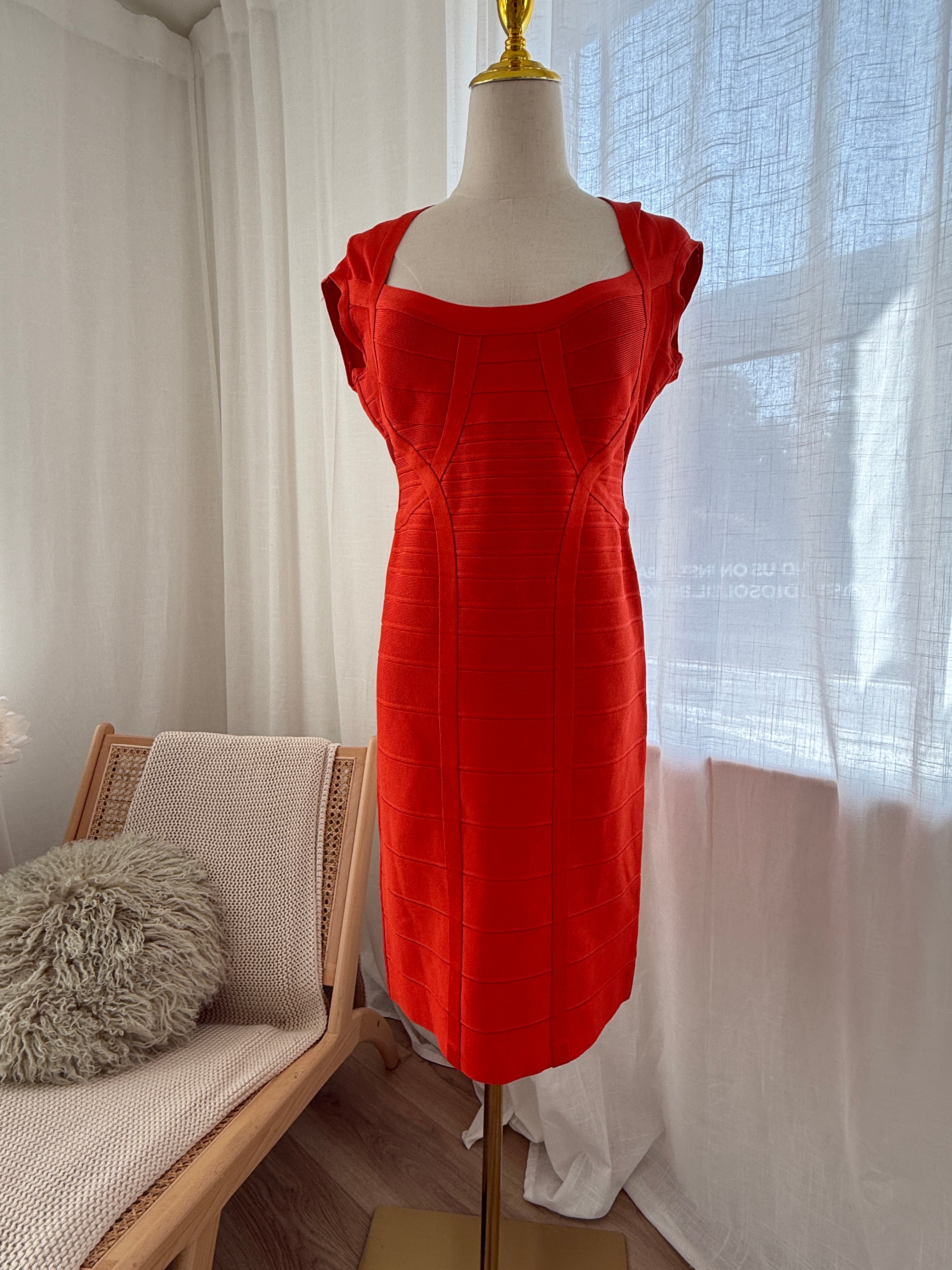 Hervé Léger Orange Bandage Bodycon Dress | Sculpted Midi – Size L / UK 12
