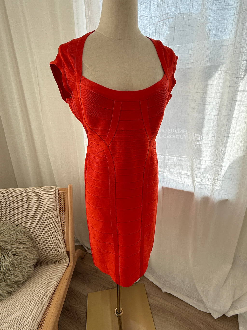 Hervé Léger Orange Bandage Bodycon Dress | Sculpted Midi – Size L / UK 12