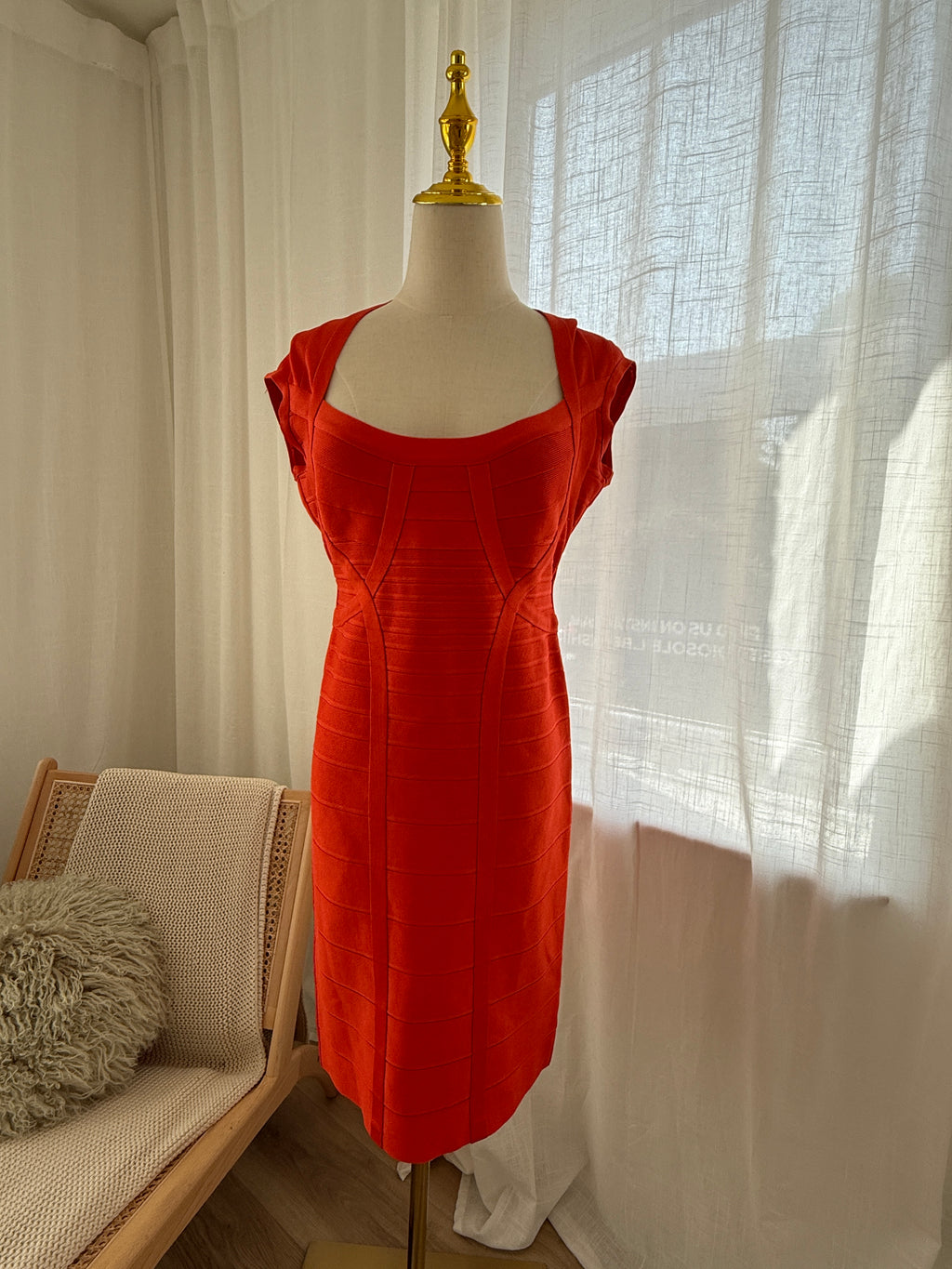 Hervé Léger Orange Bandage Bodycon Dress | Sculpted Midi – Size L / UK 12