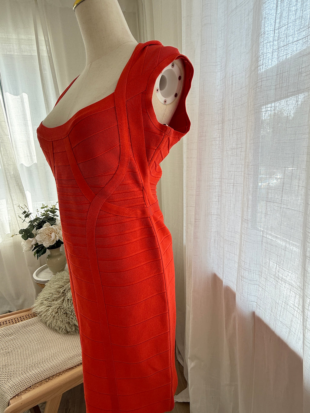 Hervé Léger Orange Bandage Bodycon Dress | Sculpted Midi – Size L / UK 12