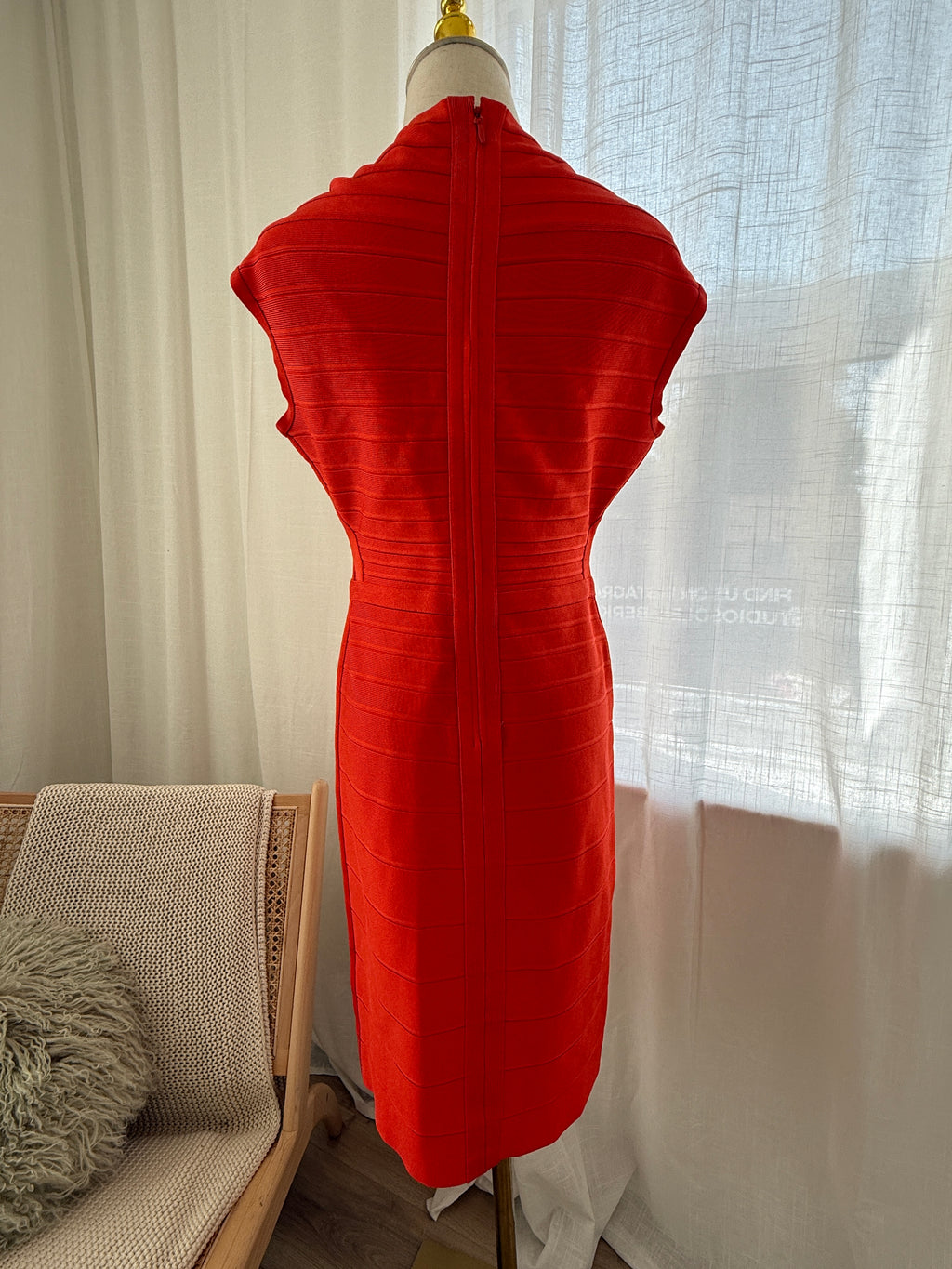 Hervé Léger Orange Bandage Bodycon Dress | Sculpted Midi – Size L / UK 12