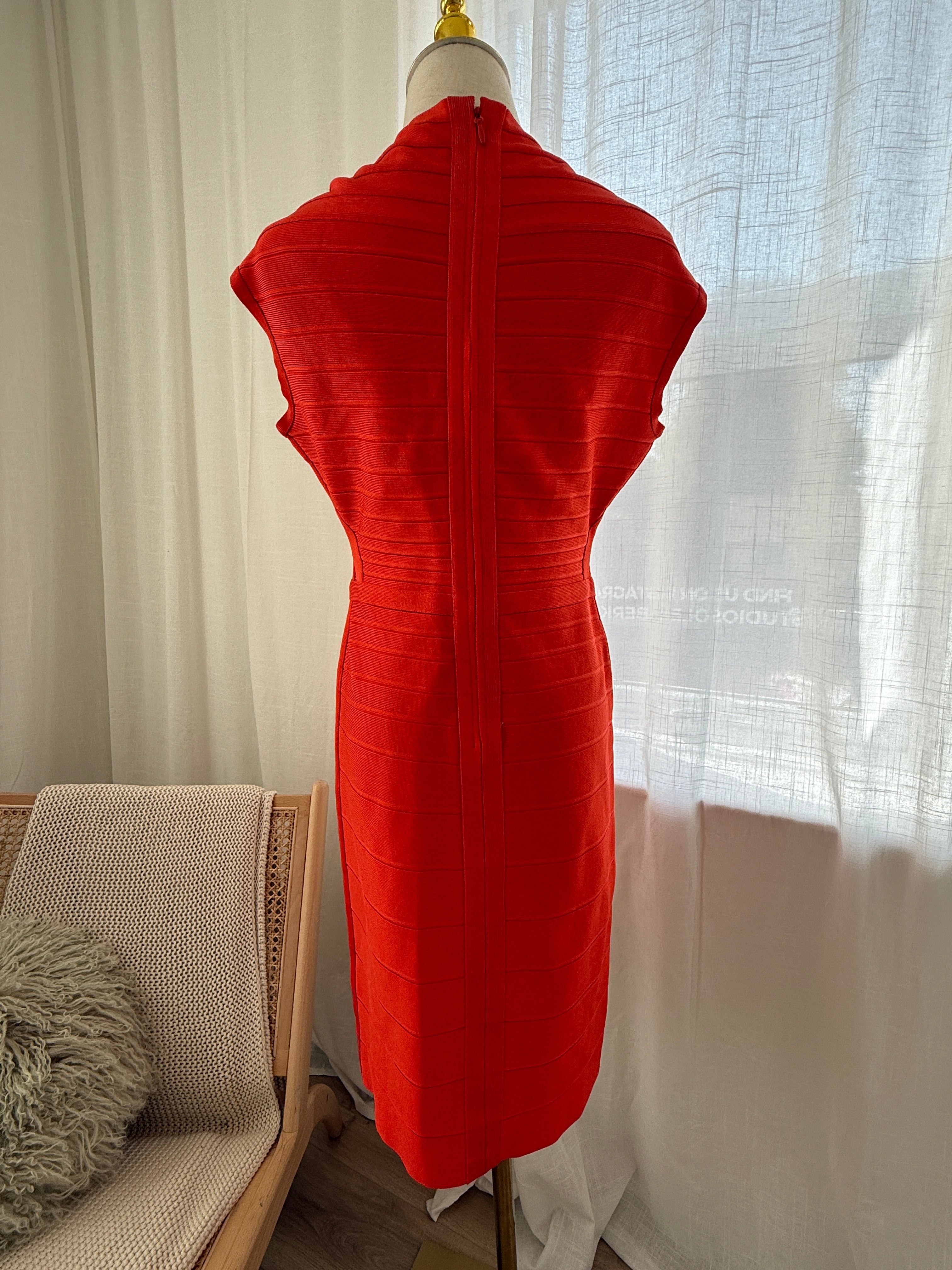 Hervé Léger Orange Bandage Bodycon Dress | Sculpted Midi – Size L / UK 12