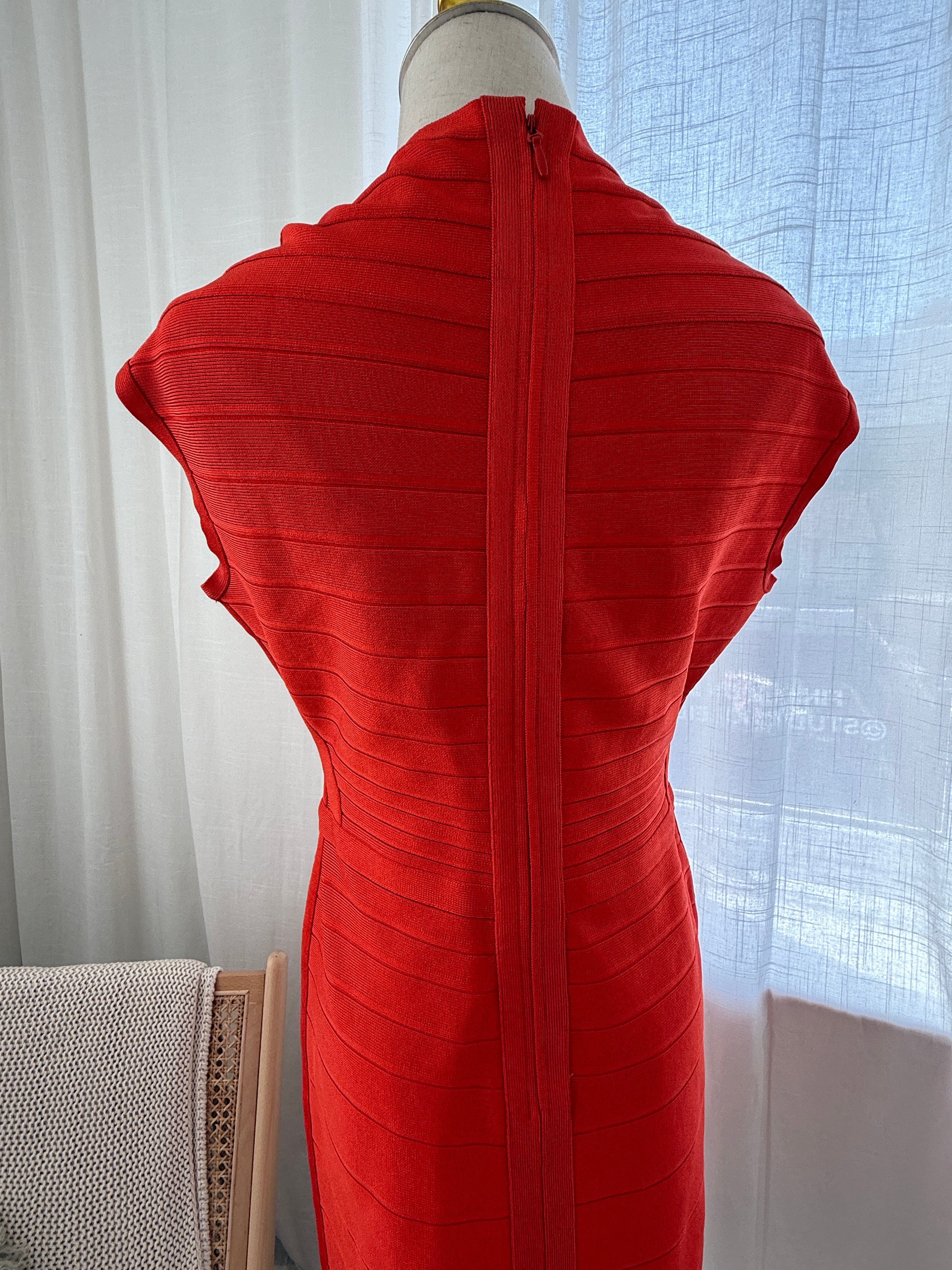 Hervé Léger Orange Bandage Bodycon Dress | Sculpted Midi – Size L / UK 12