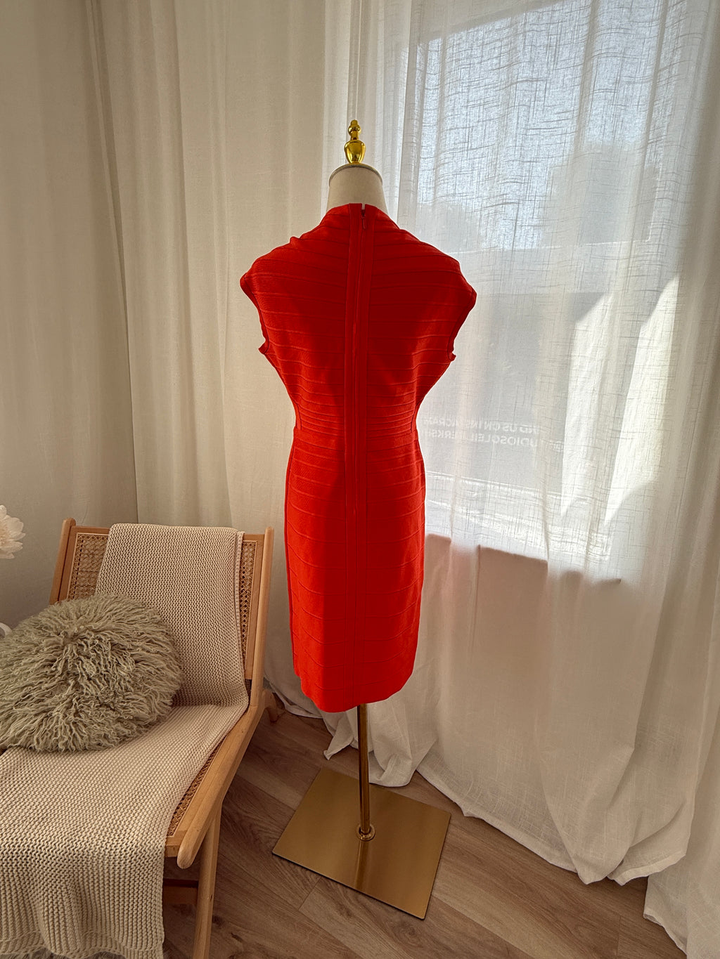 Hervé Léger Orange Bandage Bodycon Dress | Sculpted Midi – Size L / UK 12