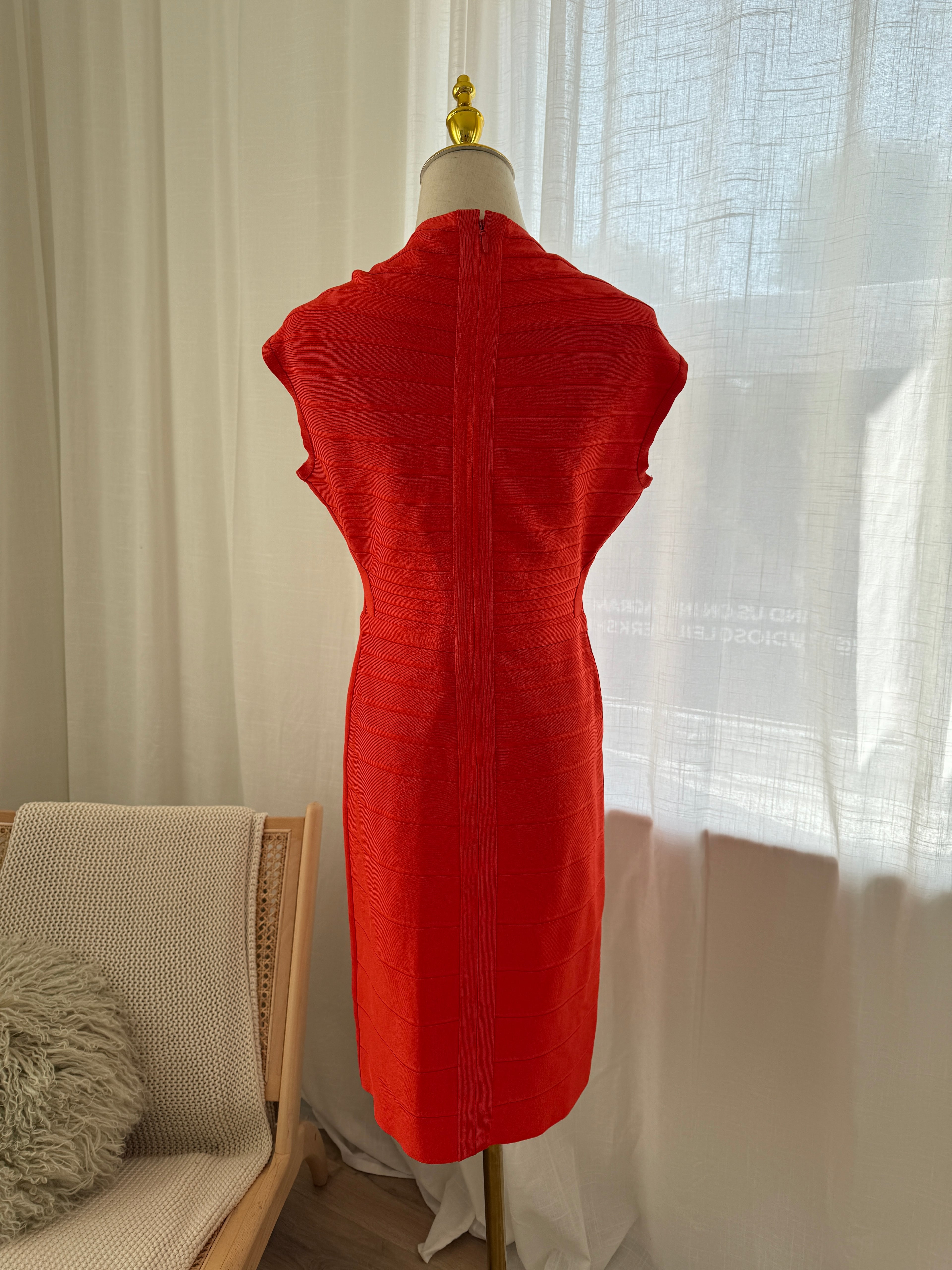 Hervé Léger Orange Bandage Bodycon Dress | Sculpted Midi – Size L / UK 12