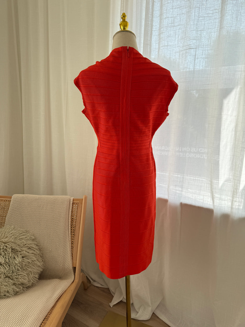 Hervé Léger Orange Bandage Bodycon Dress | Sculpted Midi – Size L / UK 12