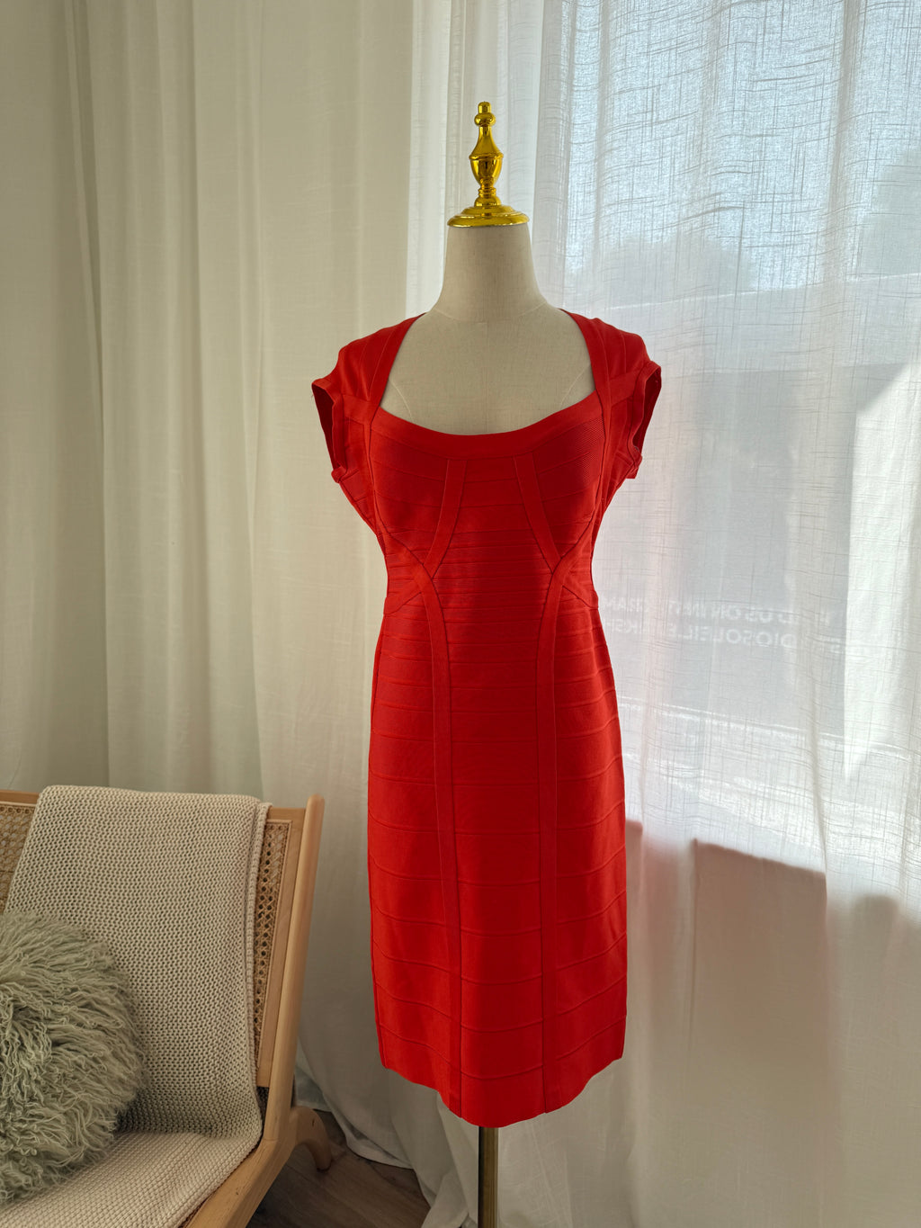 Hervé Léger Orange Bandage Bodycon Dress | Sculpted Midi – Size L / UK 12