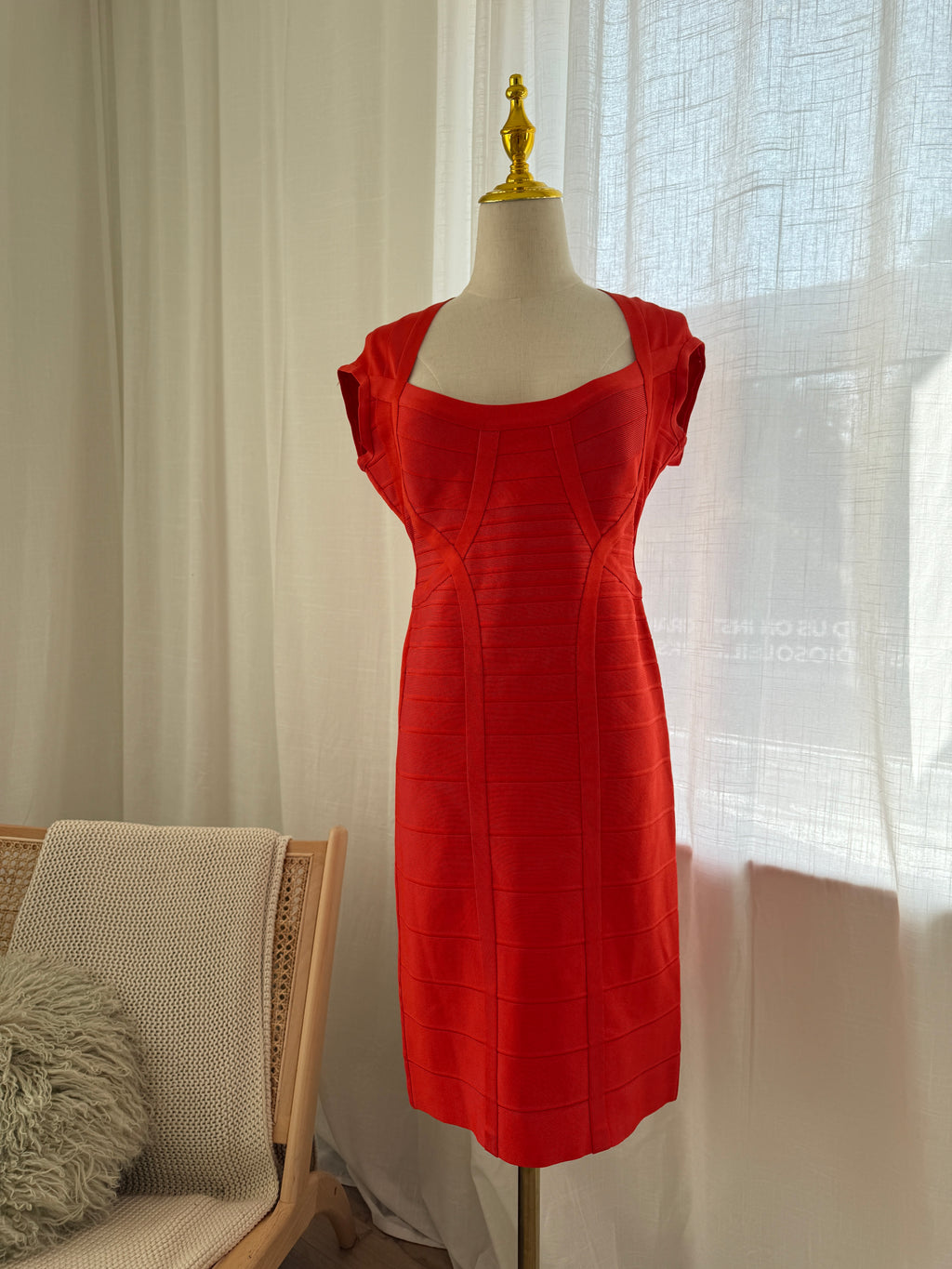 Hervé Léger Orange Bandage Bodycon Dress | Sculpted Midi – Size L / UK 12