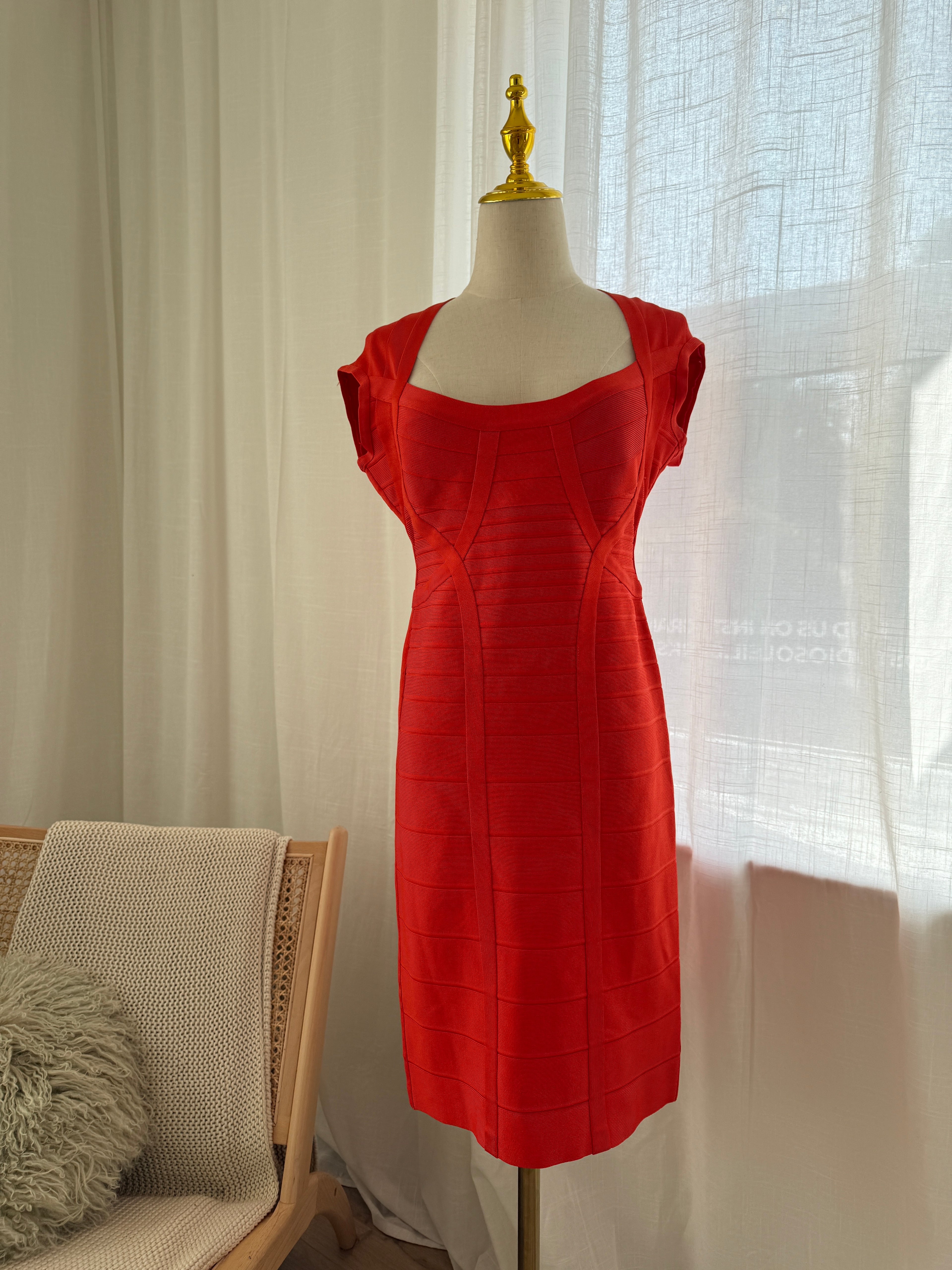 Hervé Léger Orange Bandage Bodycon Dress | Sculpted Midi – Size L / UK 12