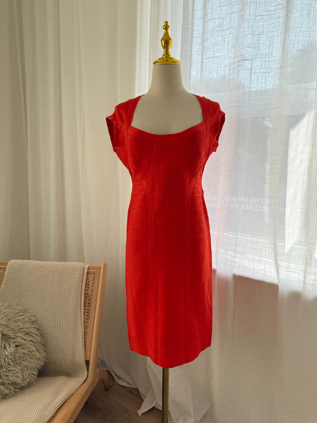 Hervé Léger Orange Bandage Bodycon Dress | Sculpted Midi – Size L / UK 12