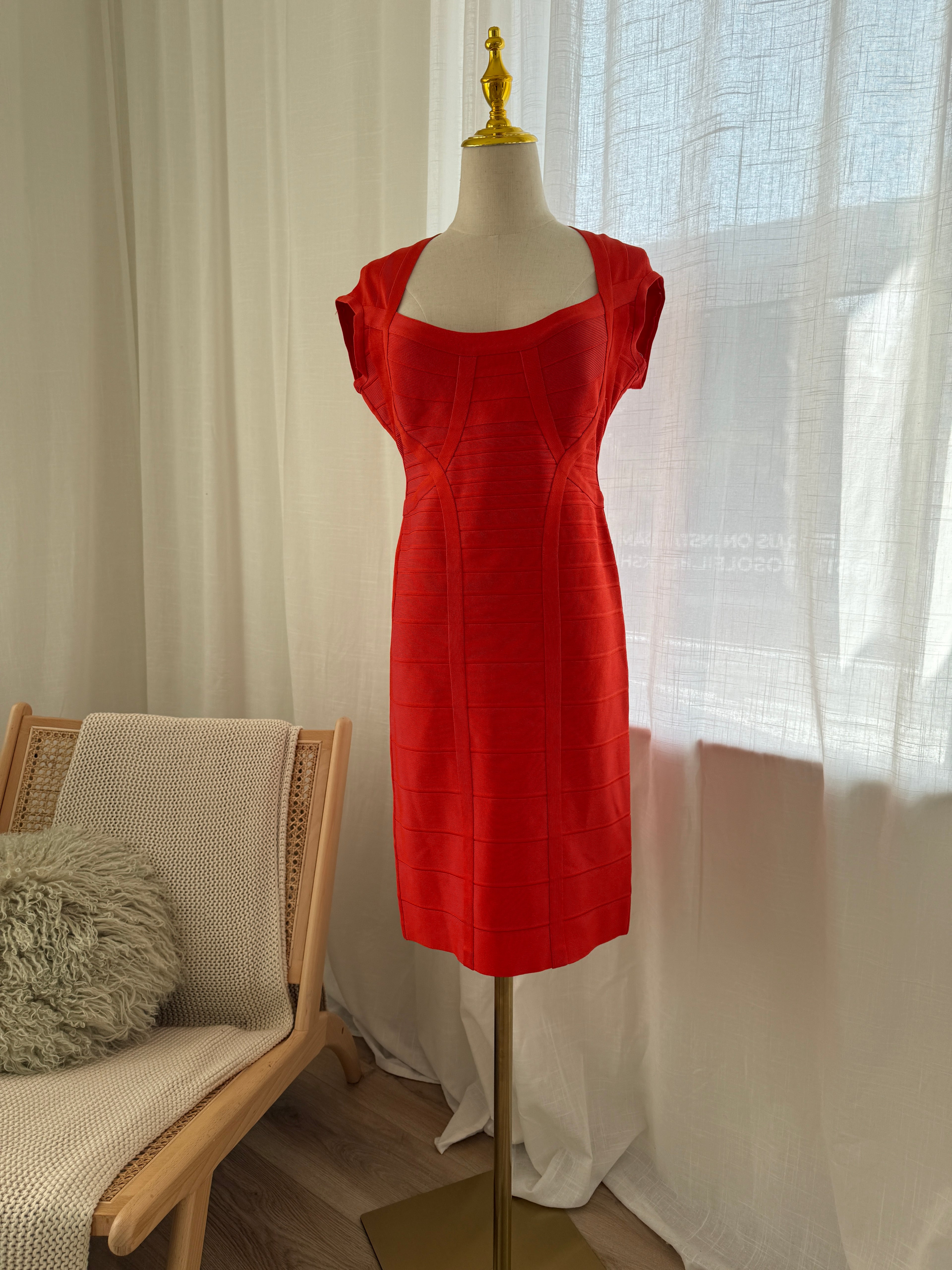 Hervé Léger Orange Bandage Bodycon Dress | Sculpted Midi – Size L / UK 12