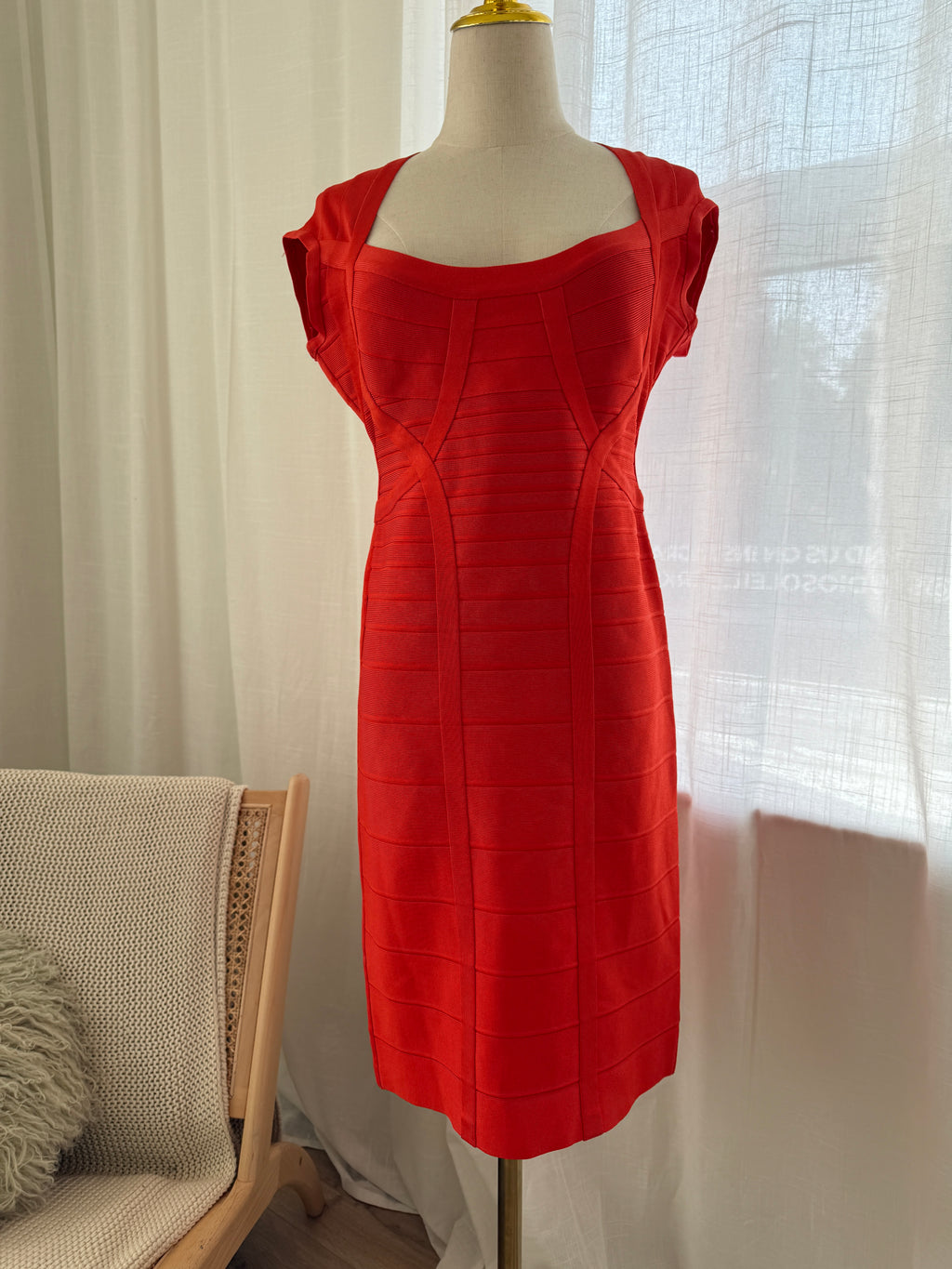 Hervé Léger Orange Bandage Bodycon Dress | Sculpted Midi – Size L / UK 12