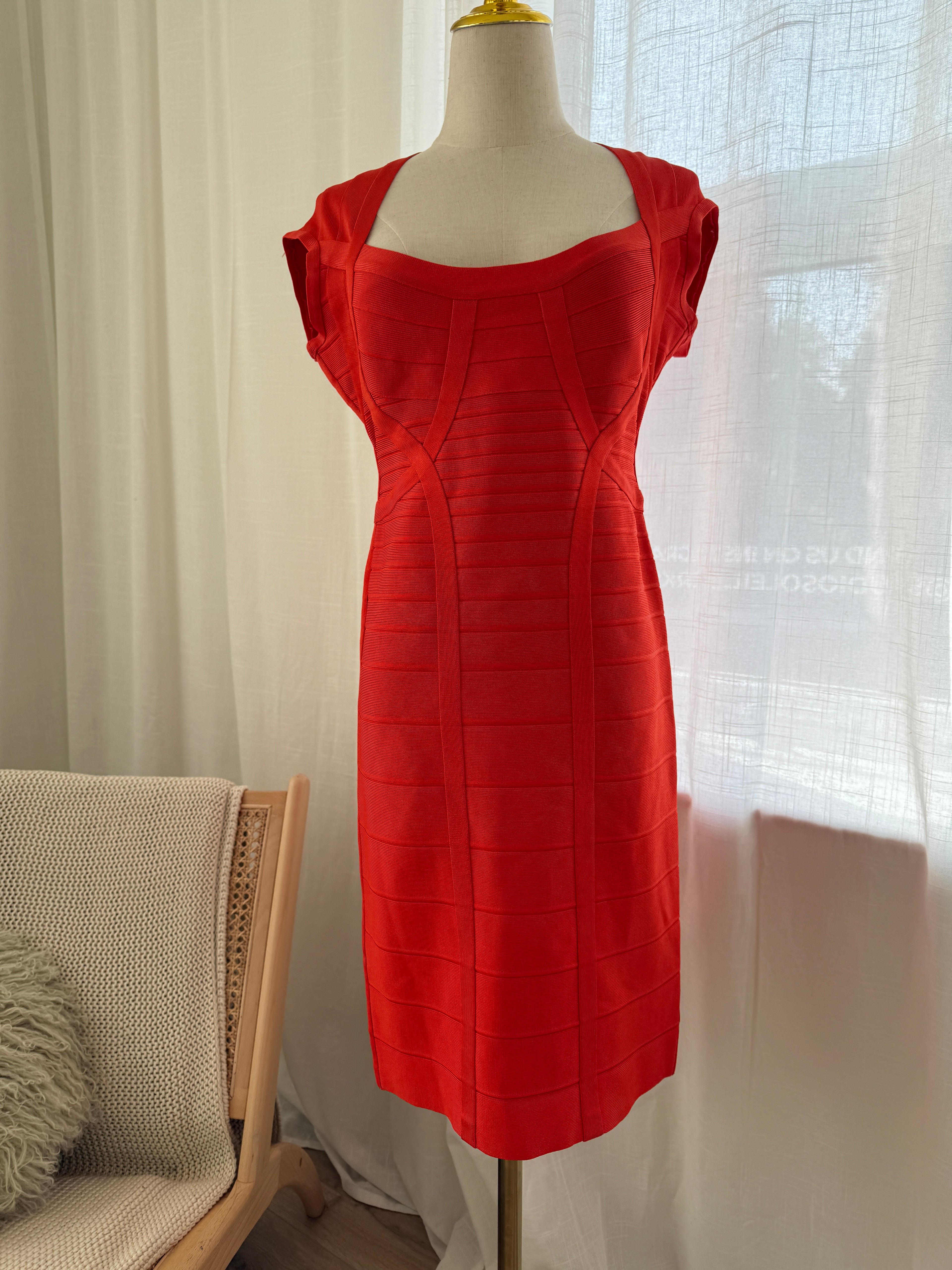 Hervé Léger Orange Bandage Bodycon Dress | Sculpted Midi – Size L / UK 12