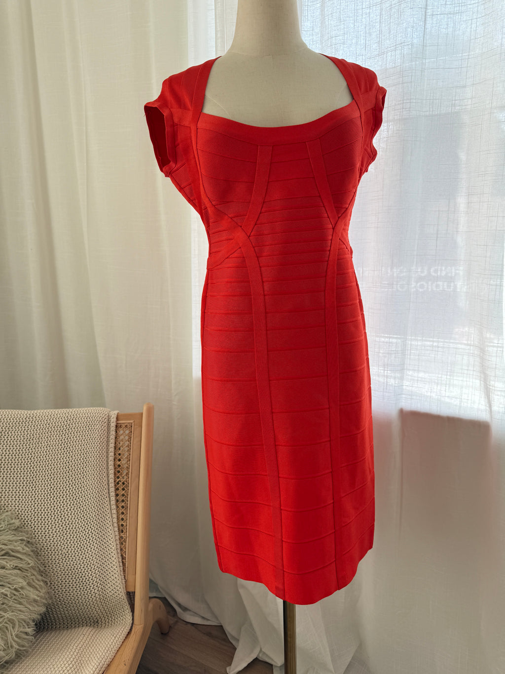 Hervé Léger Orange Bandage Bodycon Dress | Sculpted Midi – Size L / UK 12