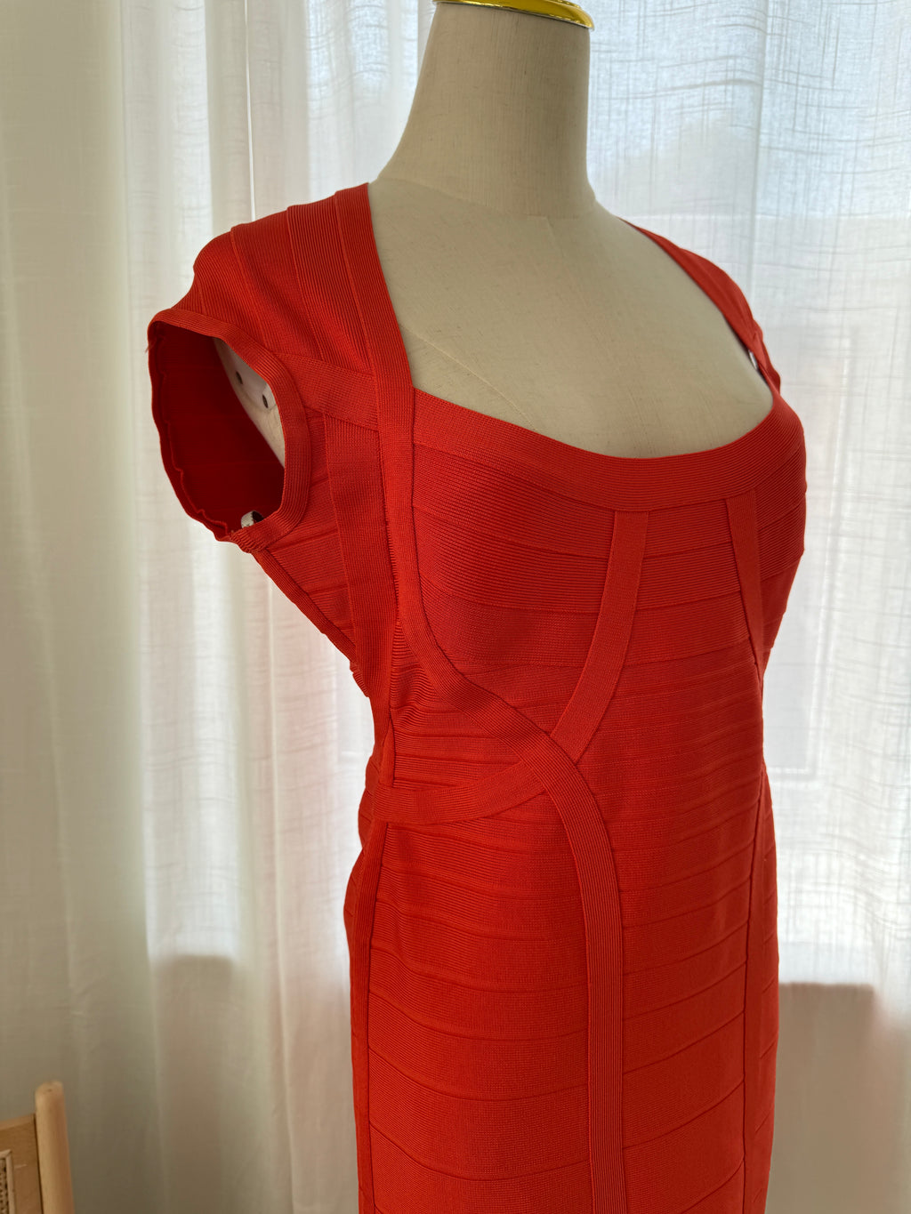 Hervé Léger Orange Bandage Bodycon Dress | Sculpted Midi – Size L / UK 12