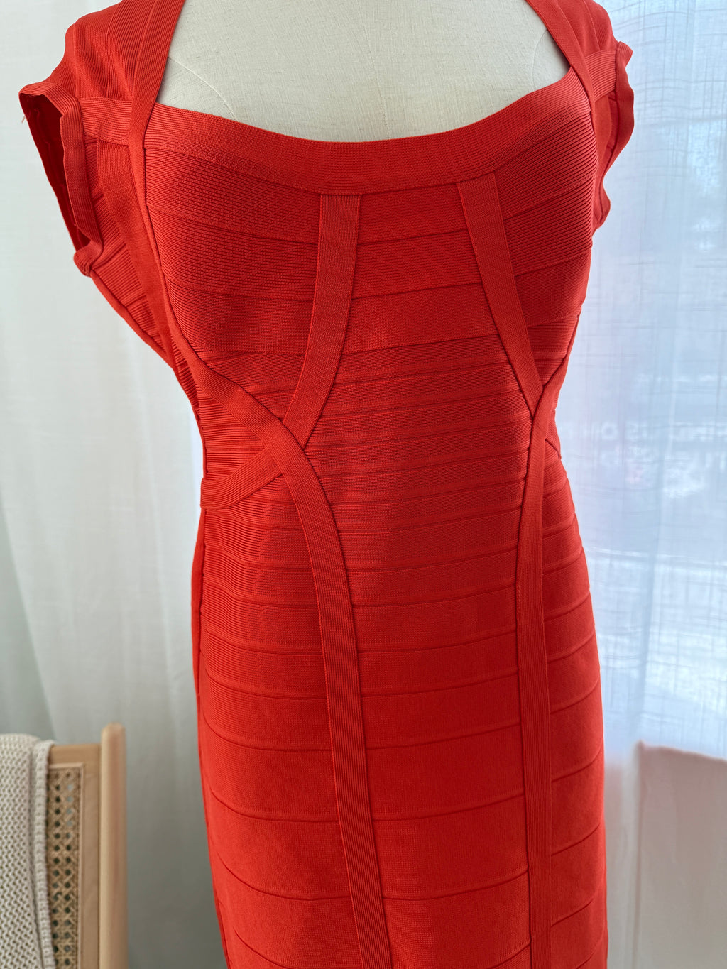 Hervé Léger Orange Bandage Bodycon Dress | Sculpted Midi – Size L / UK 12