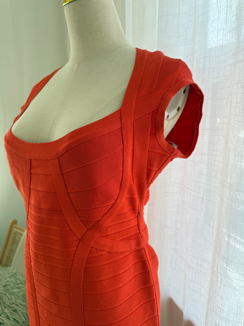 Hervé Léger Orange Bandage Bodycon Dress | Sculpted Midi – Size L / UK 12