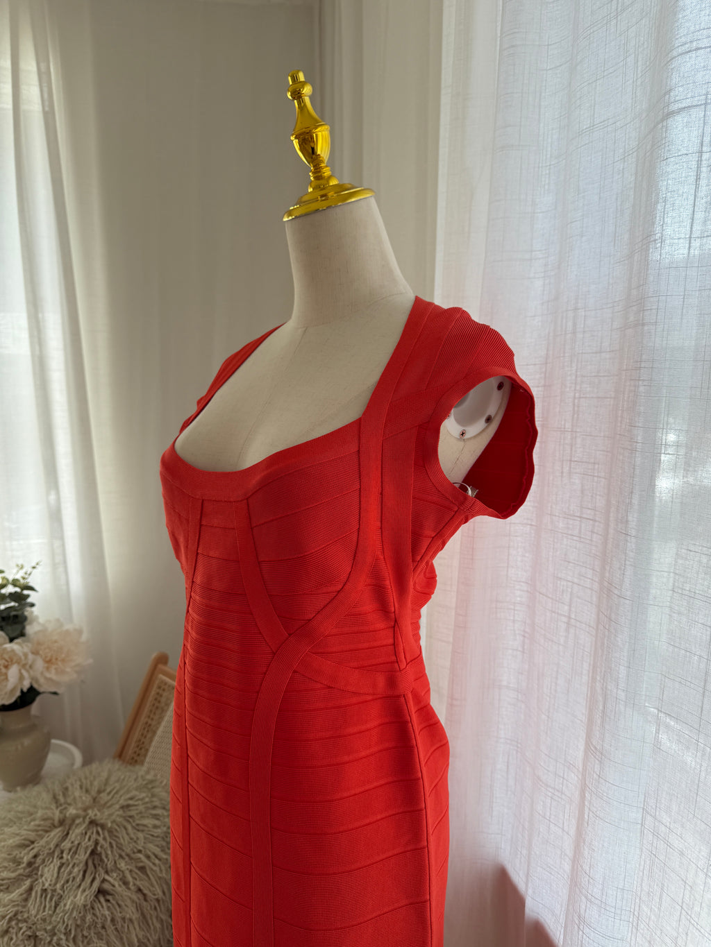 Hervé Léger Orange Bandage Bodycon Dress | Sculpted Midi – Size L / UK 12