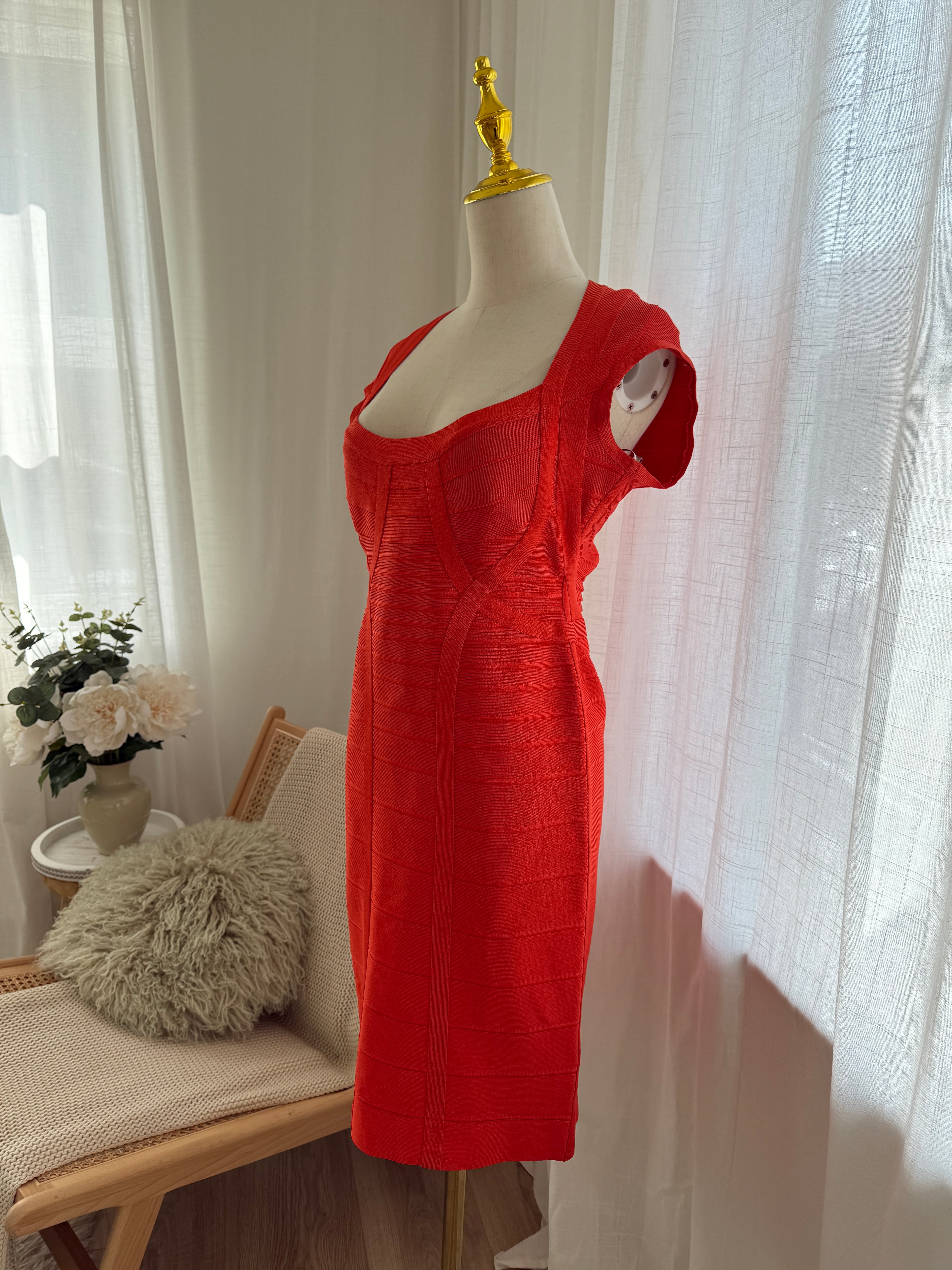 Hervé Léger Orange Bandage Bodycon Dress | Sculpted Midi – Size L / UK 12