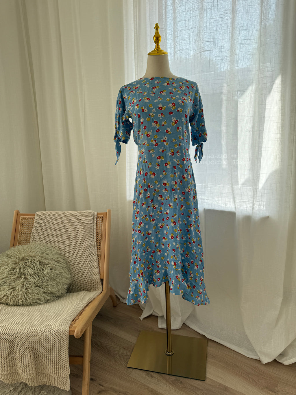 Faithfull The Brand Blue Floral Midi Dress | Short Sleeve Rayon Dress – Size XS / UK 4