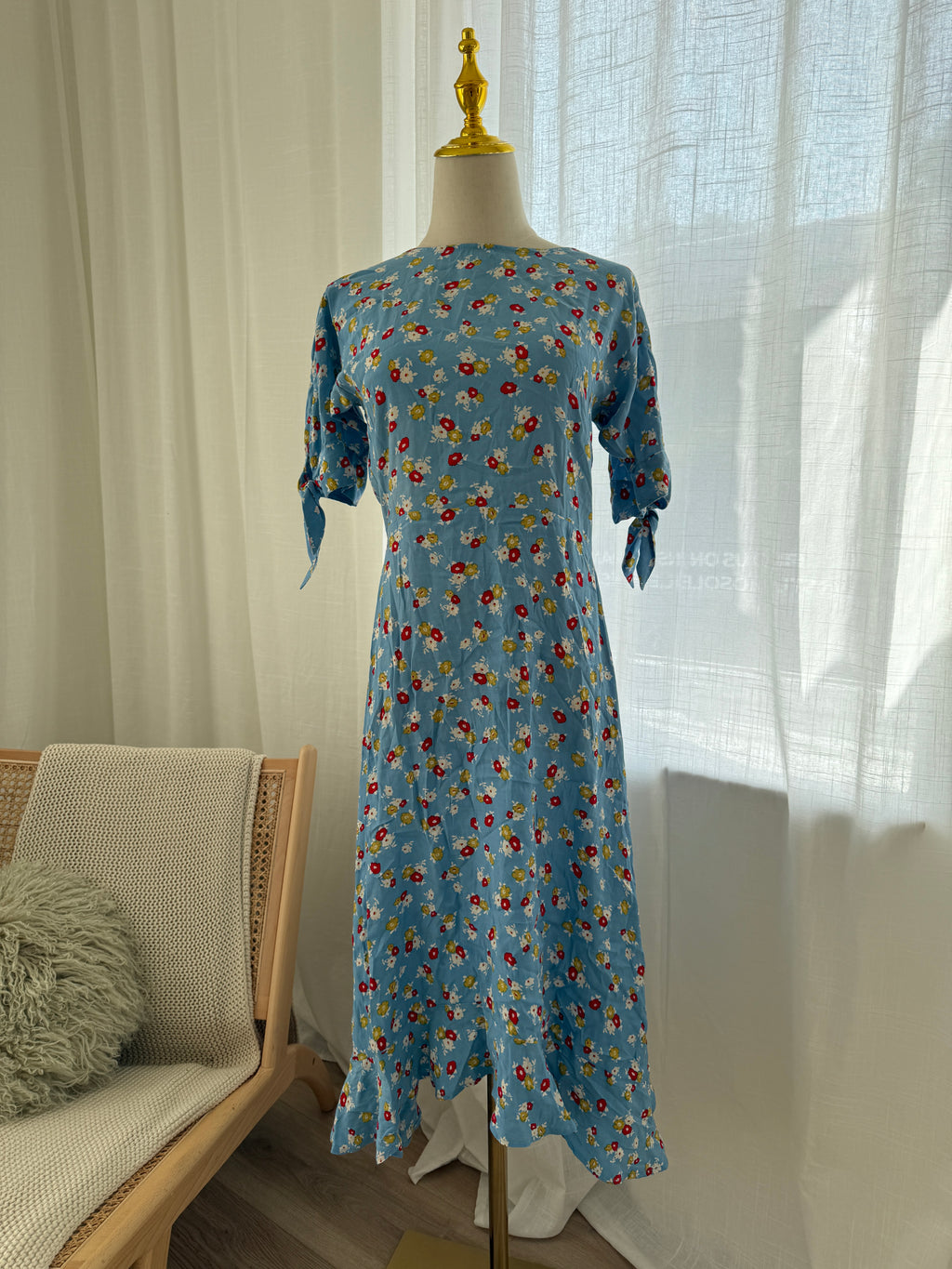 Faithfull The Brand Blue Floral Midi Dress | Short Sleeve Rayon Dress – Size XS / UK 4