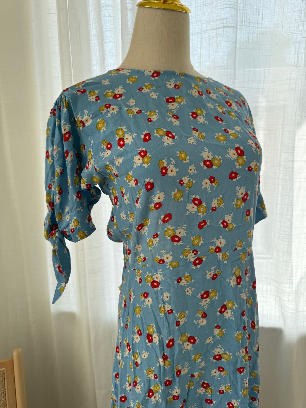 Faithfull The Brand Blue Floral Midi Dress | Short Sleeve Rayon Dress – Size XS / UK 4
