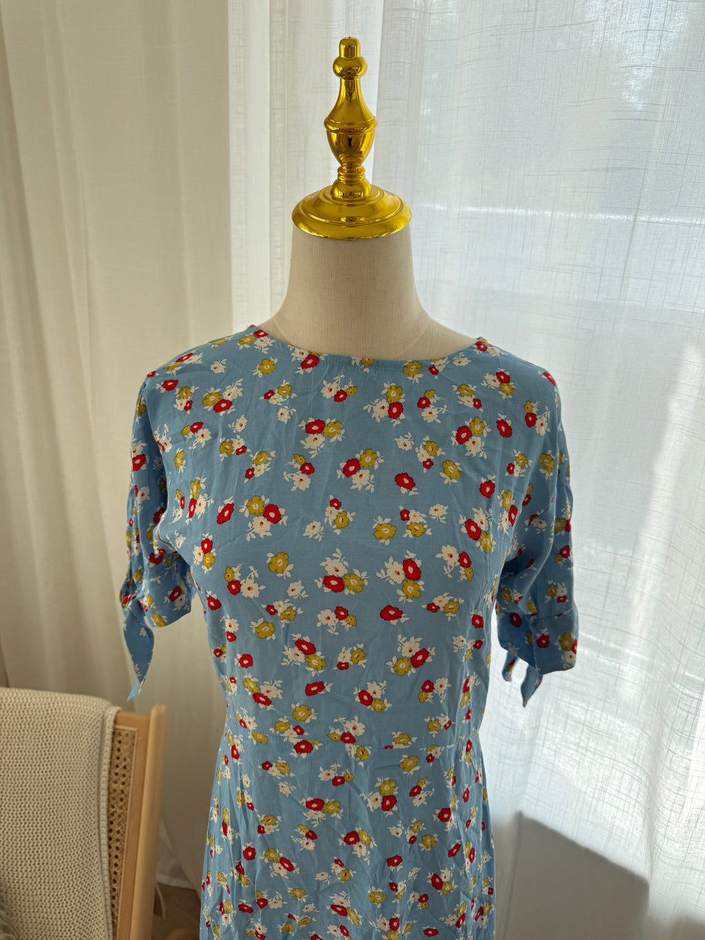 Faithfull The Brand Blue Floral Midi Dress | Short Sleeve Rayon Dress – Size XS / UK 4