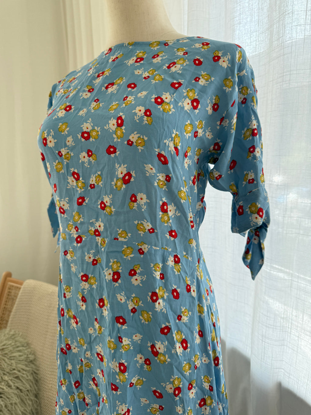 Faithfull The Brand Blue Floral Midi Dress | Short Sleeve Rayon Dress – Size XS / UK 4