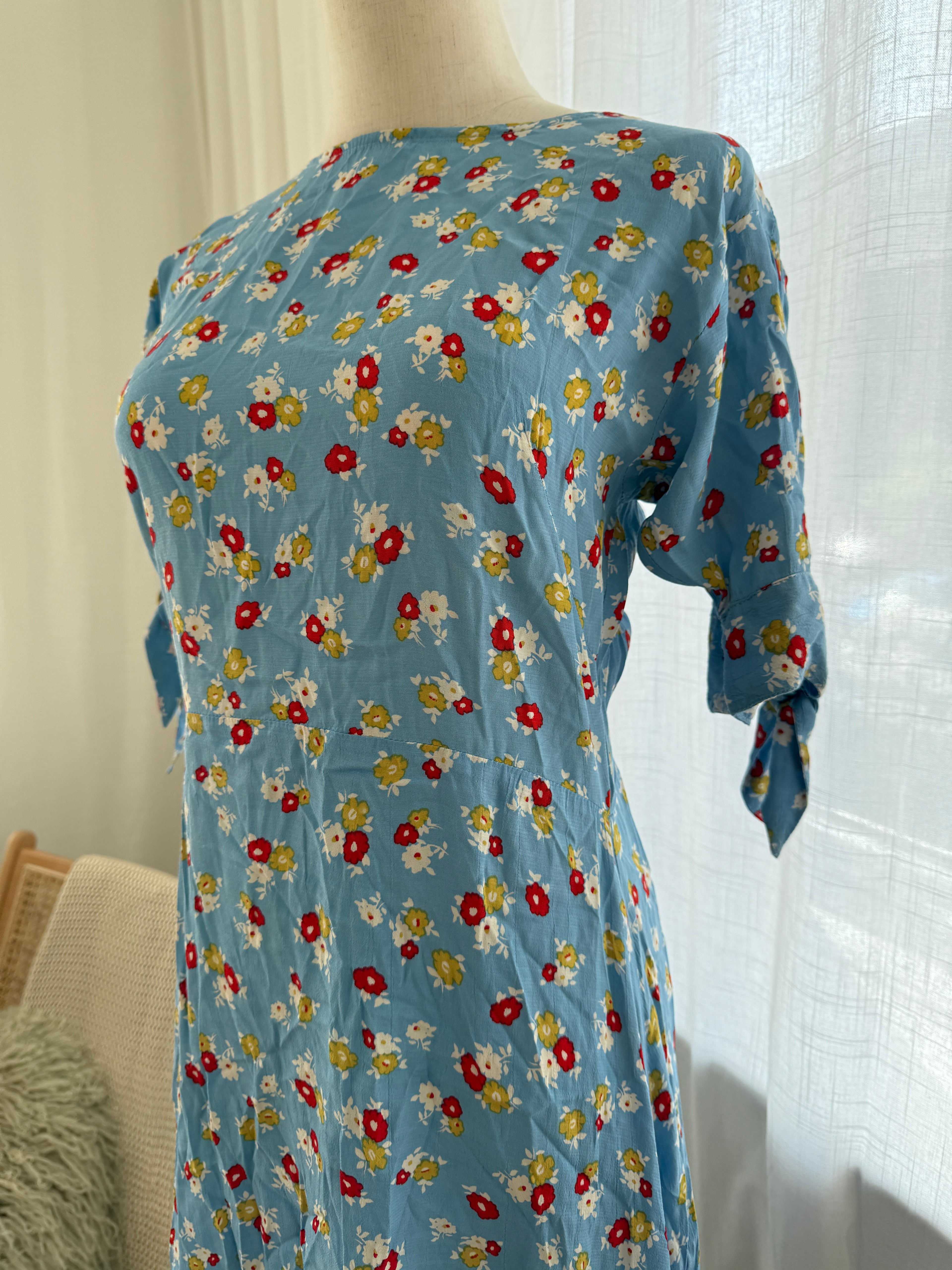 Faithfull The Brand Blue Floral Midi Dress | Short Sleeve Rayon Dress – Size XS / UK 4
