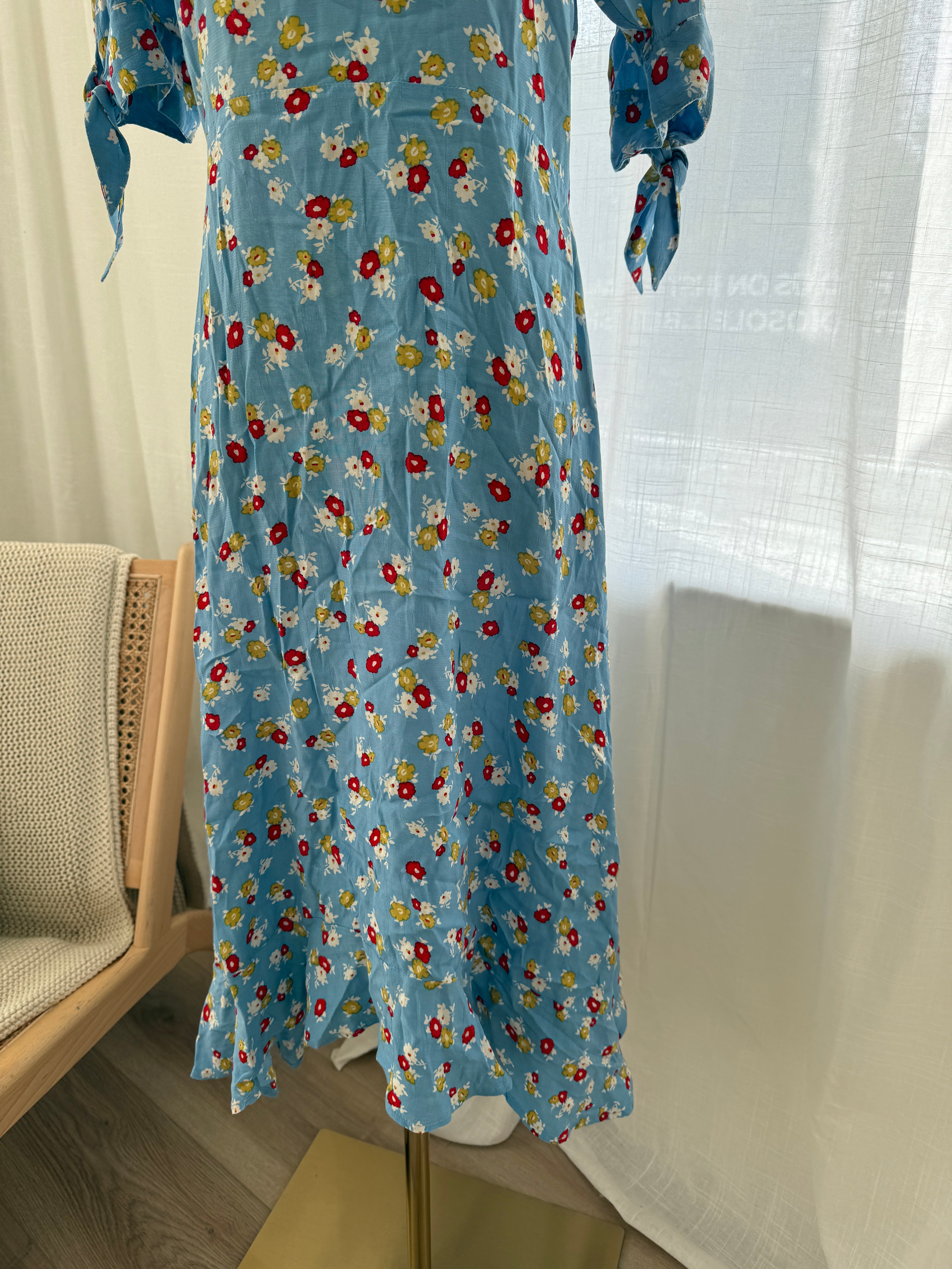 Faithfull The Brand Blue Floral Midi Dress | Short Sleeve Rayon Dress – Size XS / UK 4