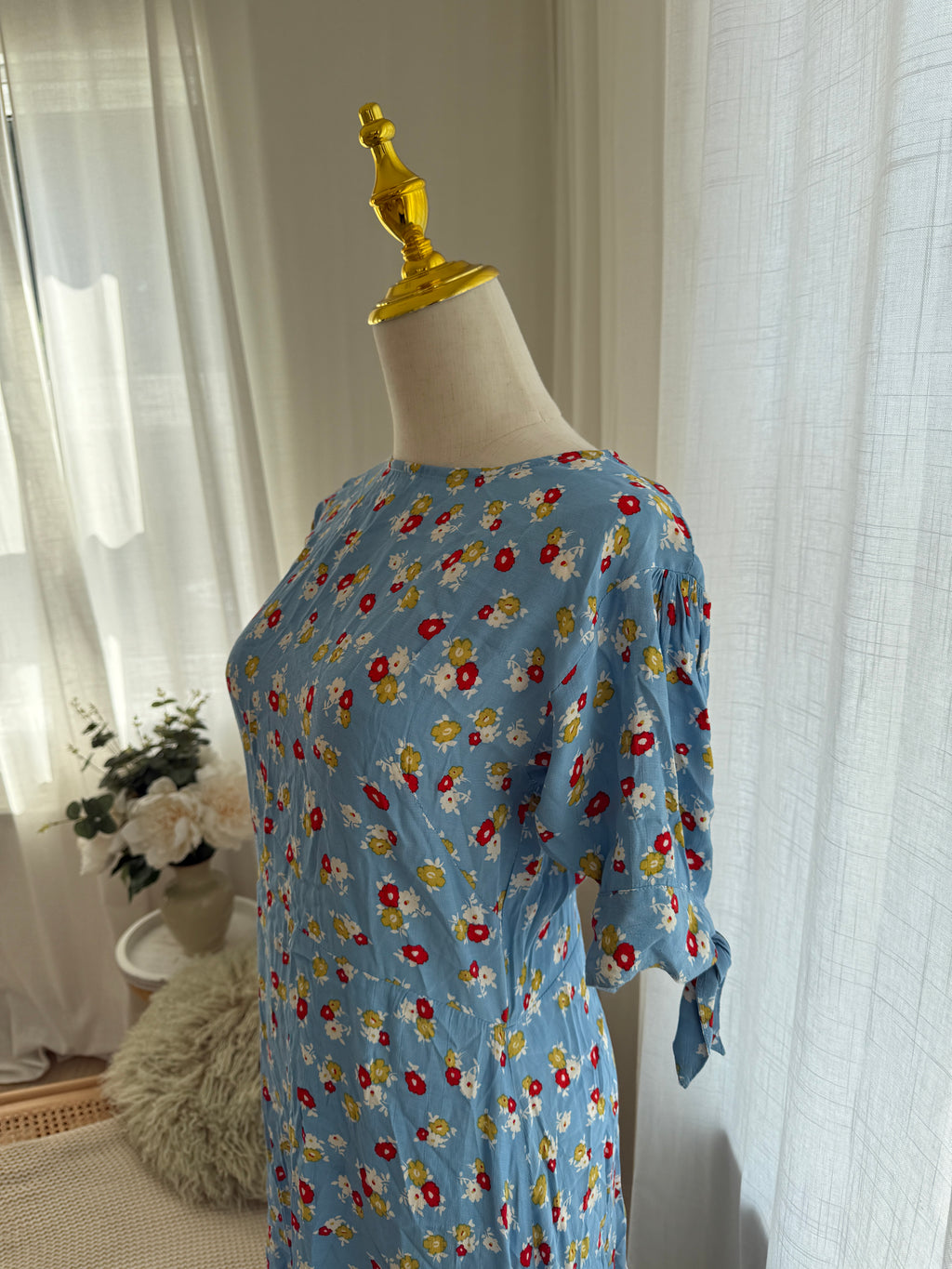 Faithfull The Brand Blue Floral Midi Dress | Short Sleeve Rayon Dress – Size XS / UK 4