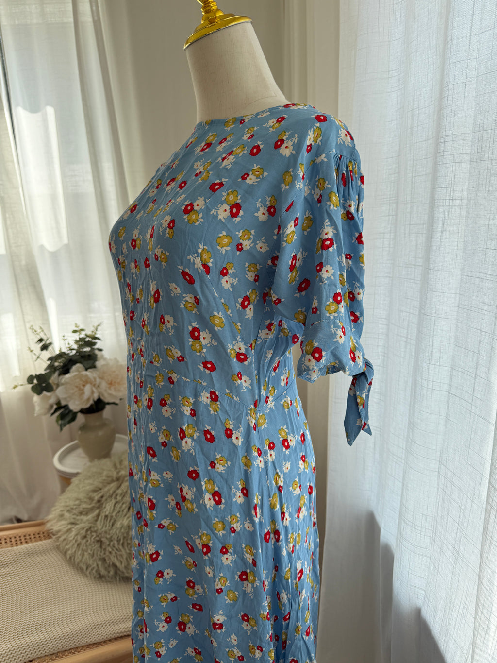 Faithfull The Brand Blue Floral Midi Dress | Short Sleeve Rayon Dress – Size XS / UK 4