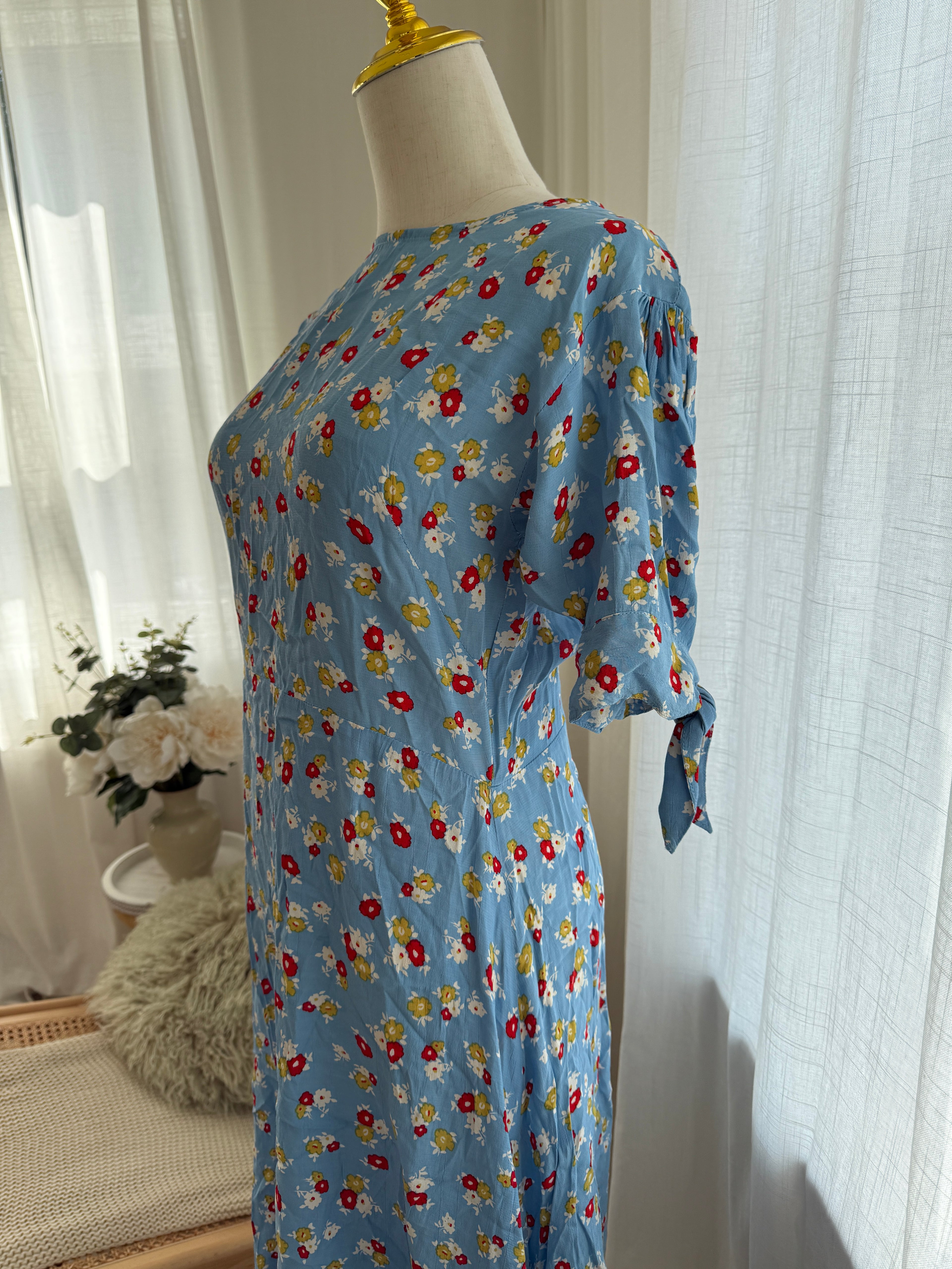 Faithfull The Brand Blue Floral Midi Dress | Short Sleeve Rayon Dress – Size XS / UK 4