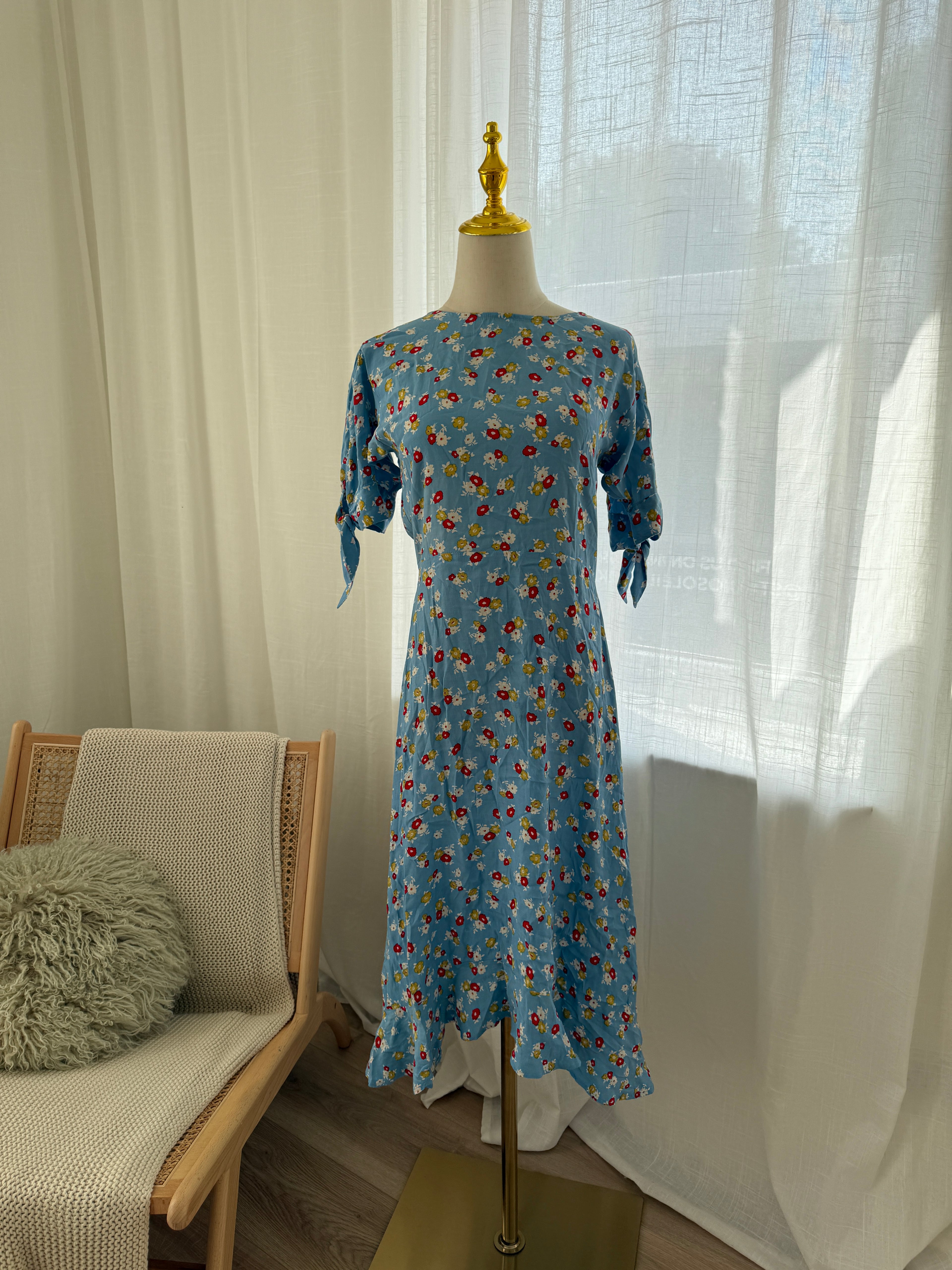Faithfull The Brand Blue Floral Midi Dress | Short Sleeve Rayon Dress – Size XS / UK 4
