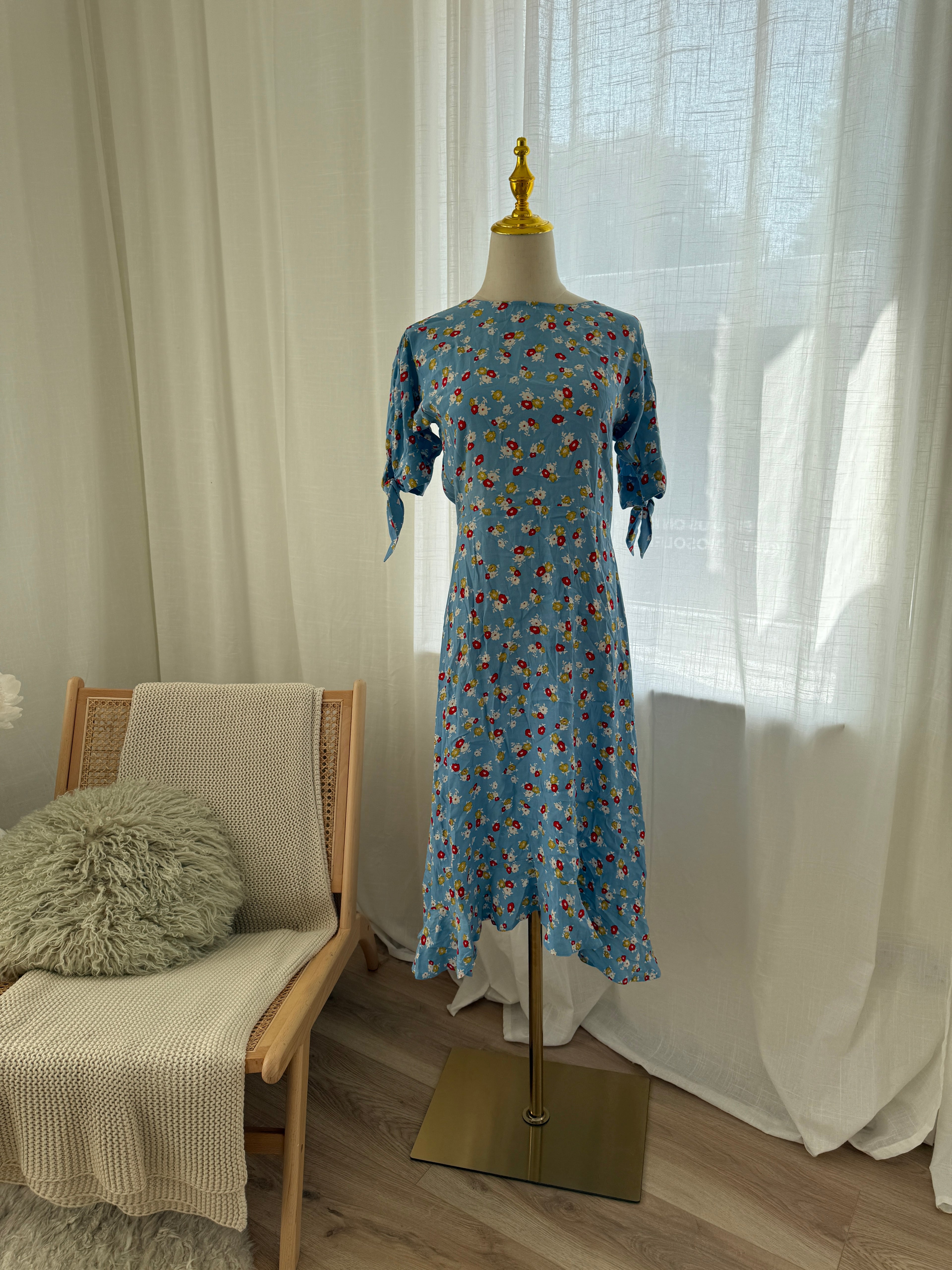 Faithfull The Brand Blue Floral Midi Dress | Short Sleeve Rayon Dress – Size XS / UK 4