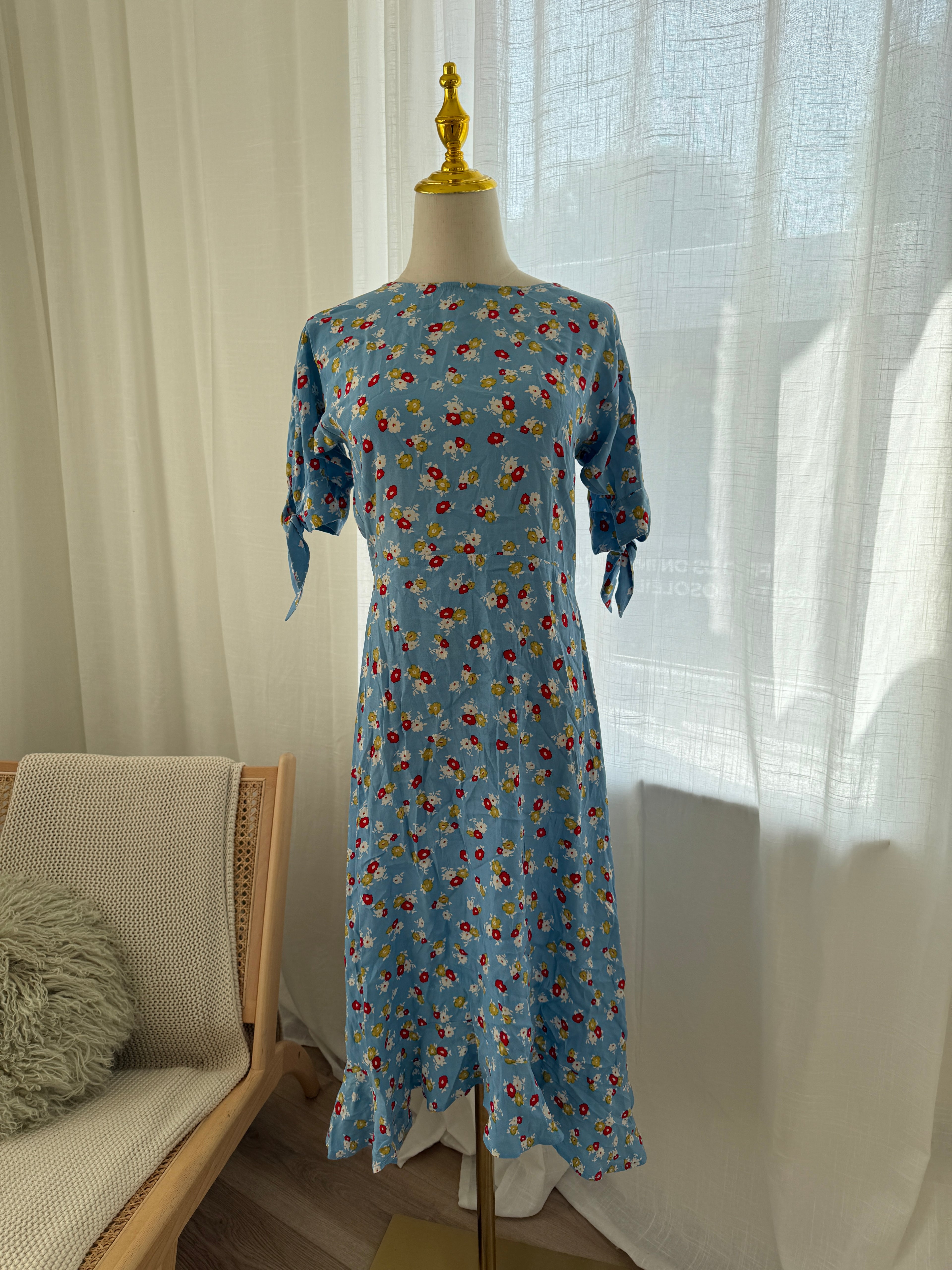 Faithfull The Brand Blue Floral Midi Dress | Short Sleeve Rayon Dress – Size XS / UK 4