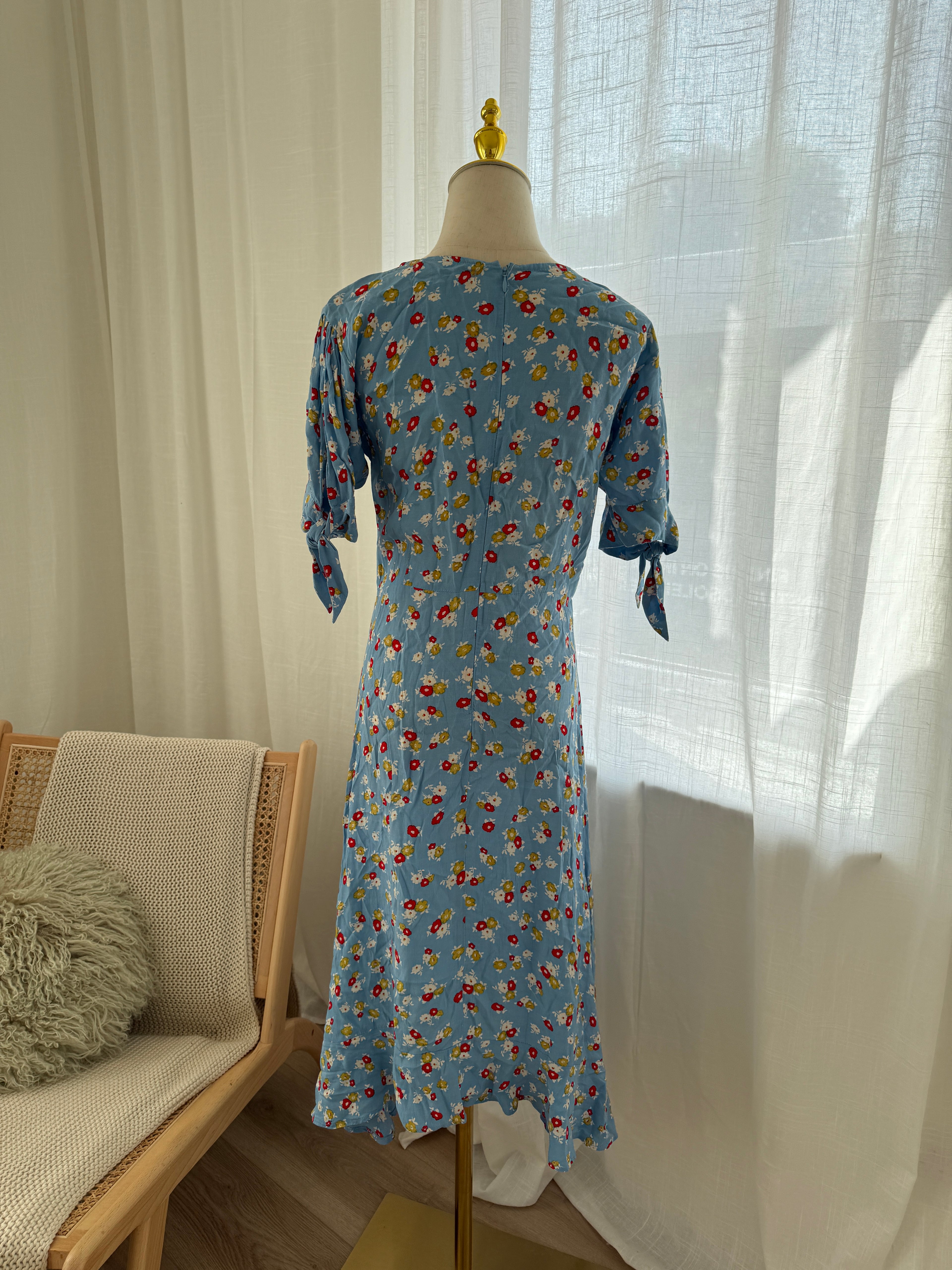 Faithfull The Brand Blue Floral Midi Dress | Short Sleeve Rayon Dress – Size XS / UK 4
