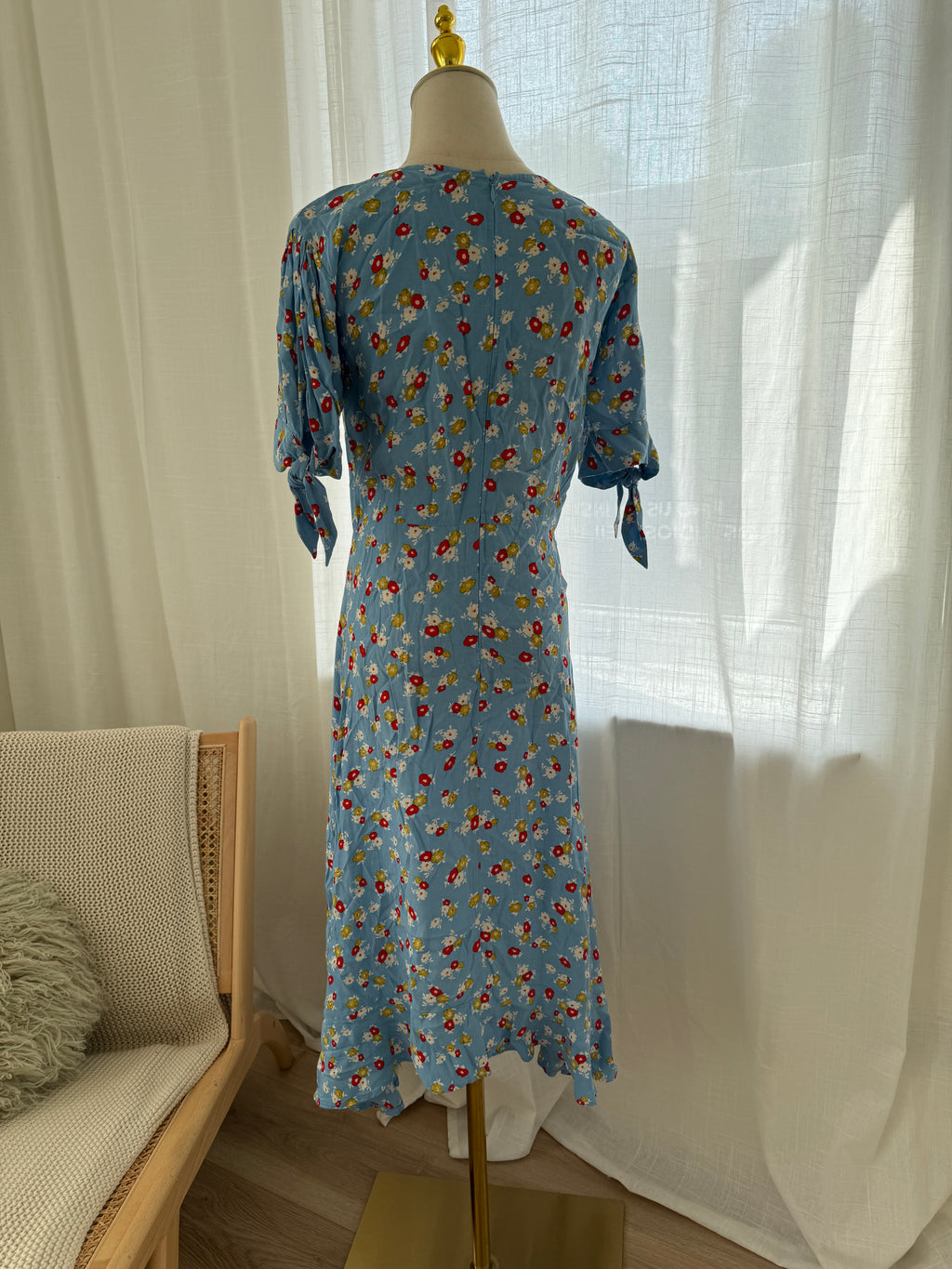 Faithfull The Brand Blue Floral Midi Dress | Short Sleeve Rayon Dress – Size XS / UK 4