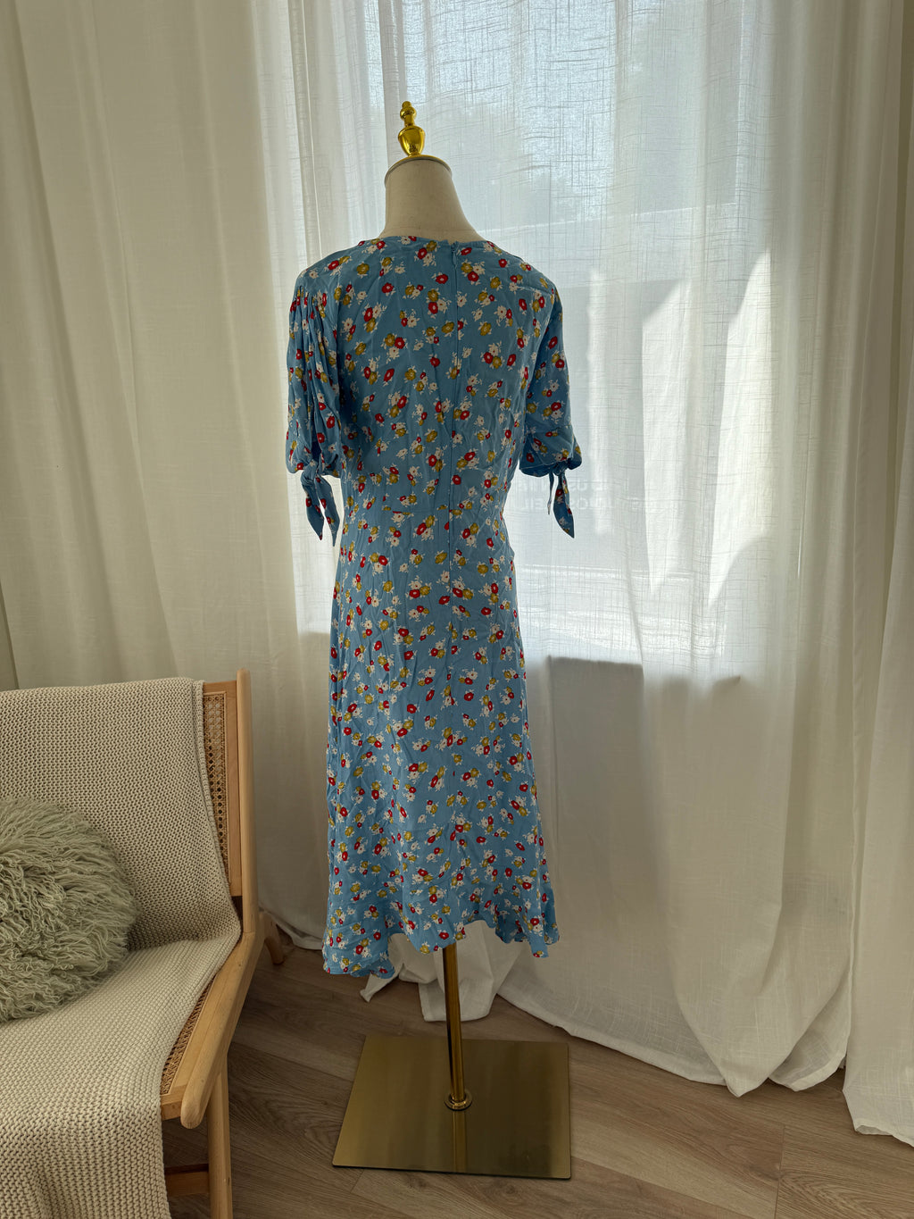 Faithfull The Brand Blue Floral Midi Dress | Short Sleeve Rayon Dress – Size XS / UK 4