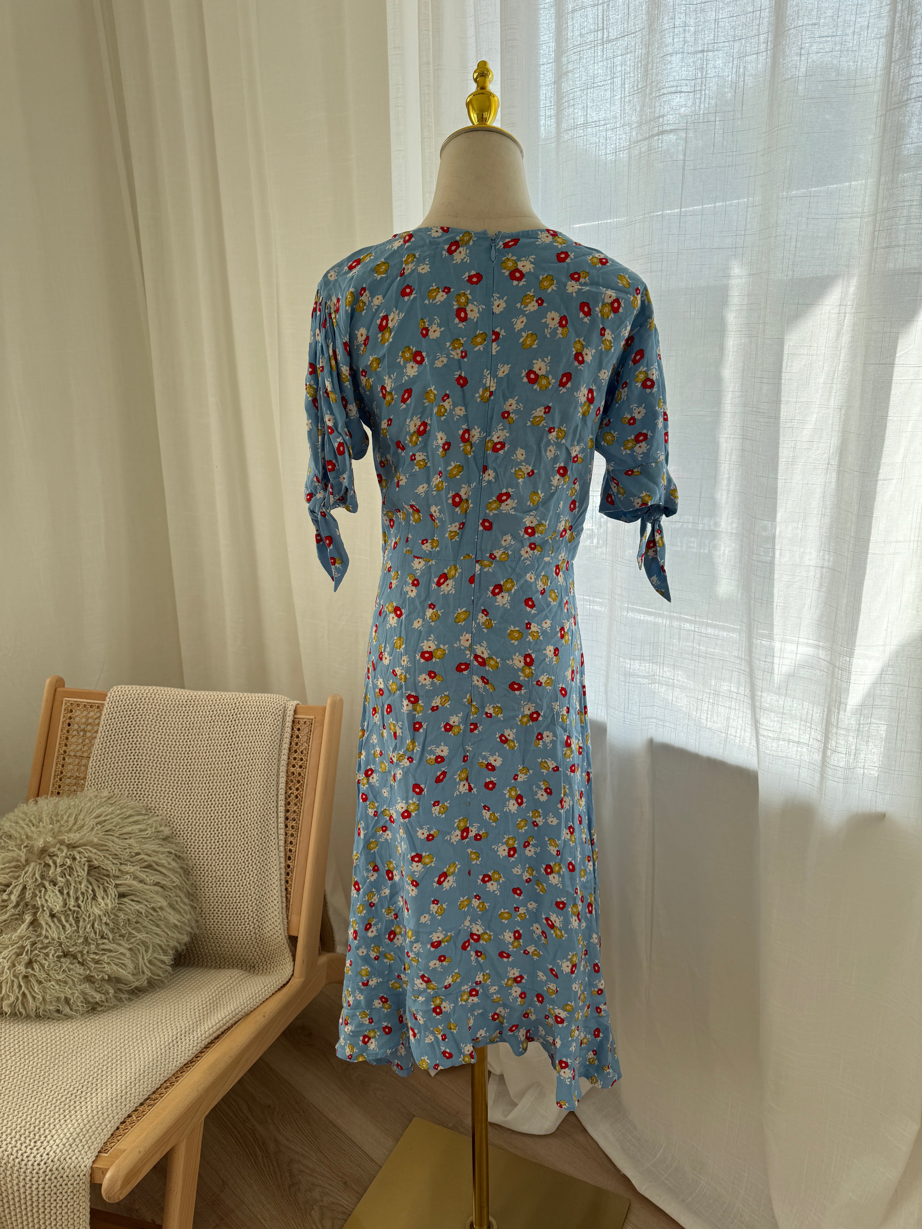 Faithfull The Brand Blue Floral Midi Dress | Short Sleeve Rayon Dress – Size XS / UK 4