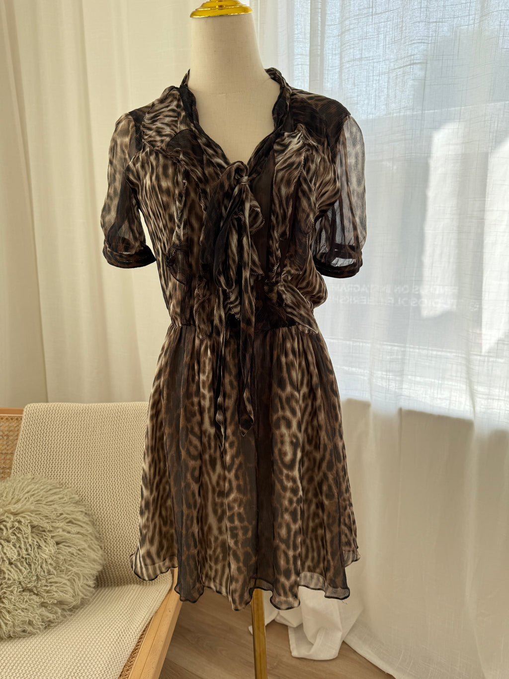 Jason Wu Brown Animal Print Mini Dress | Ruffle Detail A-Line Dress – Size M