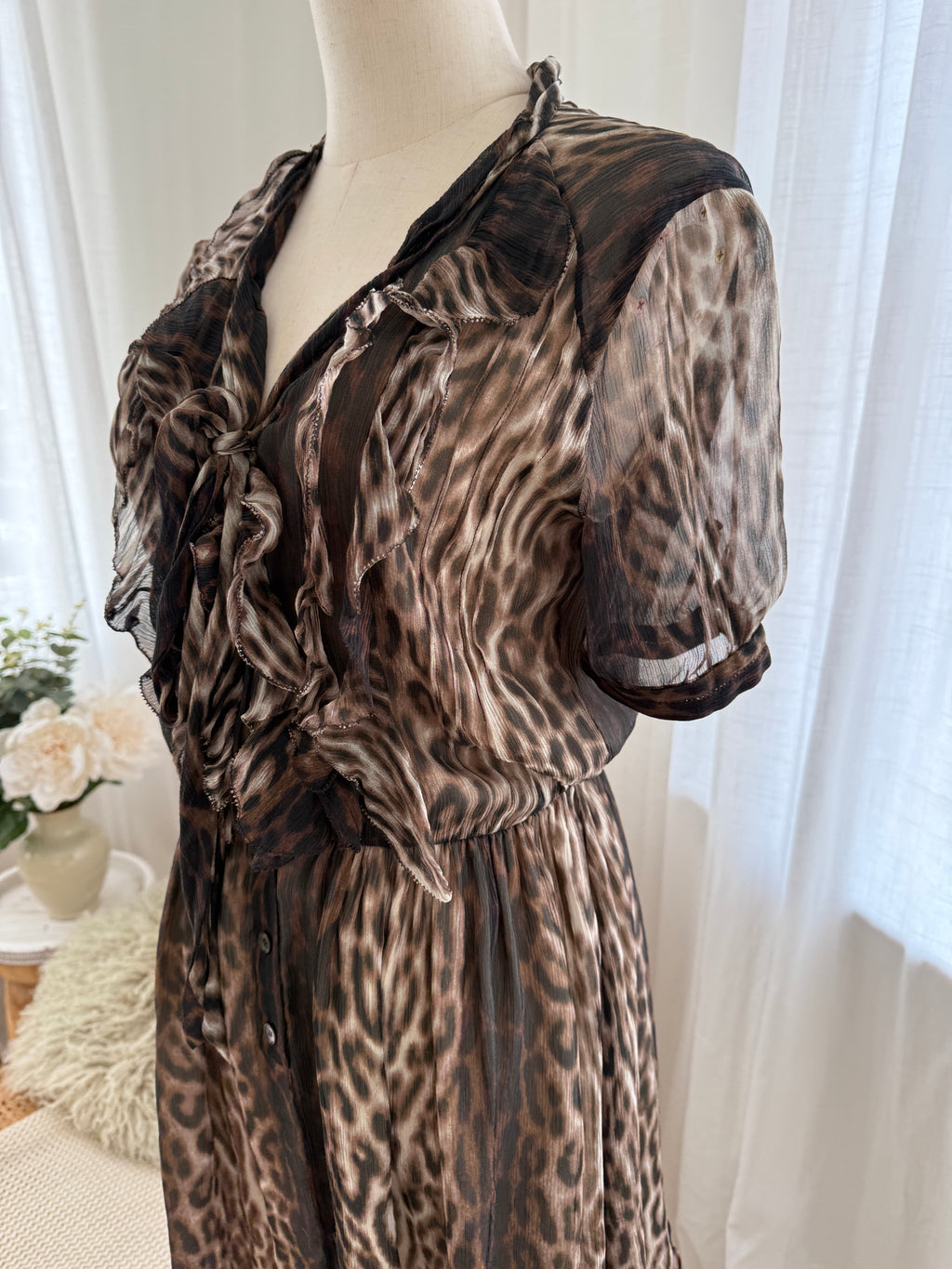 Jason Wu Brown Animal Print Mini Dress | Ruffle Detail A-Line Dress – Size M